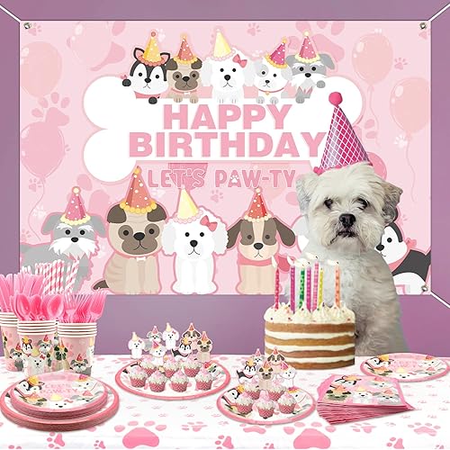 Miniatura 8 de KEFAN Suministros de fiesta de perro, vajilla de cumpleaños de pata de perro rosa, incluye platos de perro rosa, vasos, servilletas, mantel, telón