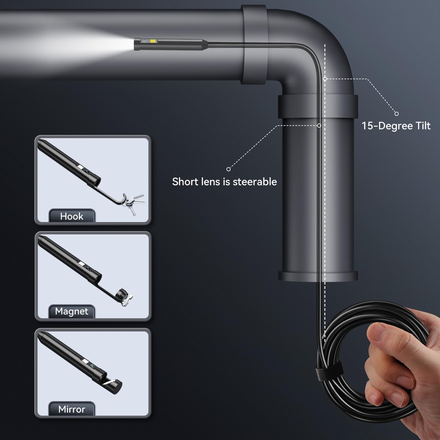 4.5 Inch Dual-Lens Industrial Endoscope, 1080P Photo Video Borescope Inspection Camera, 5.5mm IP67 Waterproof Snake Camera, 8+1 LED Lights, 16.5FT Cable, 32GB