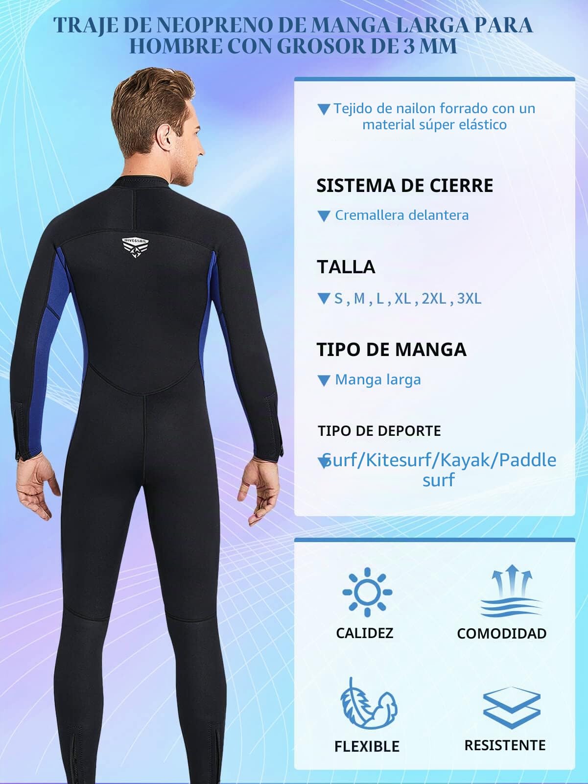 Traje de Neopreno para Mujer y Hombre para Traje de baño de Cuerpo Completo, Trajes de Buceo de Neopreno de 3 mm, Piel de Buceo de Manga Larga con Cremallera Trasera para esnórquel, Surf, natación