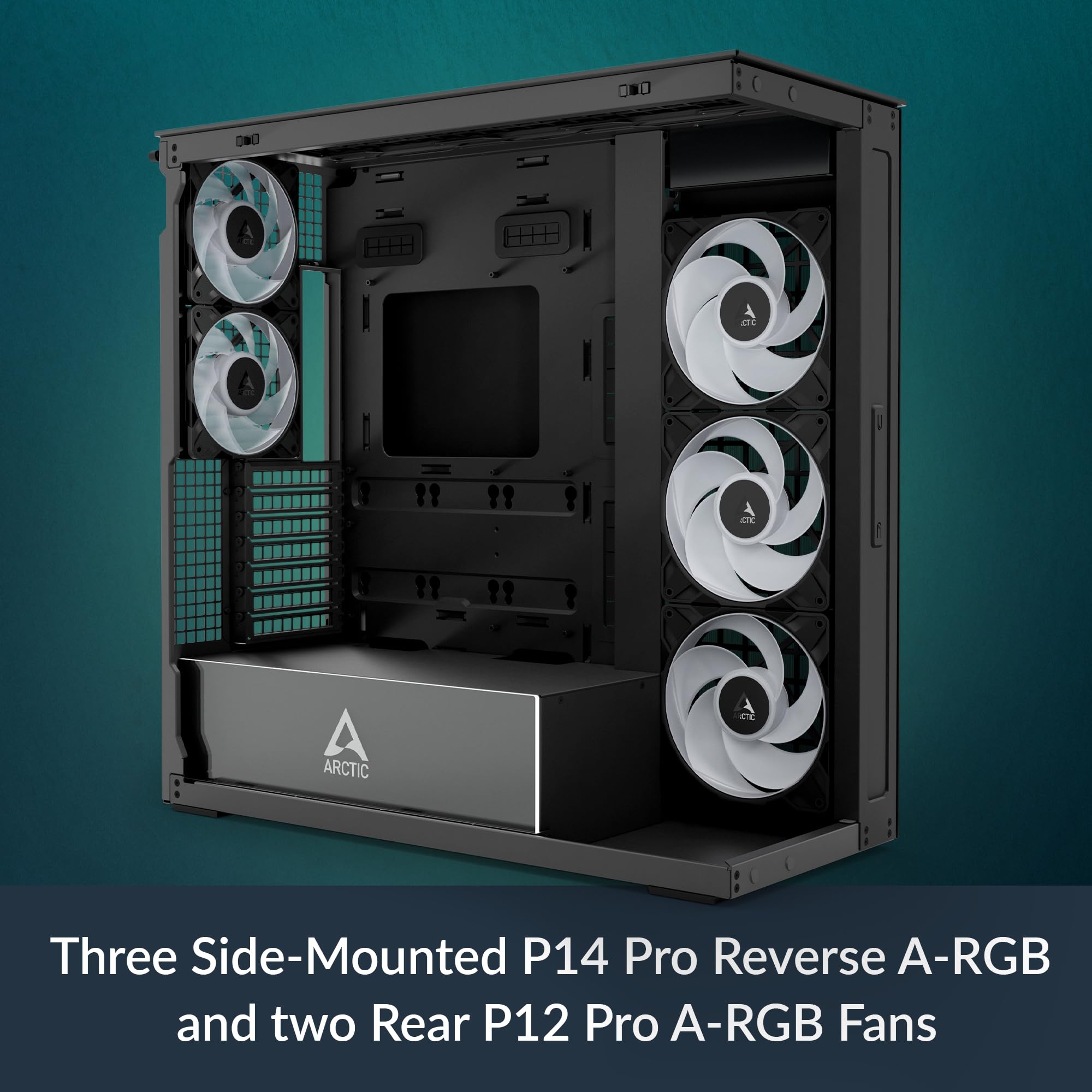 ARCTIC Xtender Black (Tinted Glass) - Case per PC, Vetro Panoramico Temperato, Supporto per Radiatore 2 x 420 mm, Torre Midi, E-ATX, 5x Ventole A-RGB Preinstallate - Nero