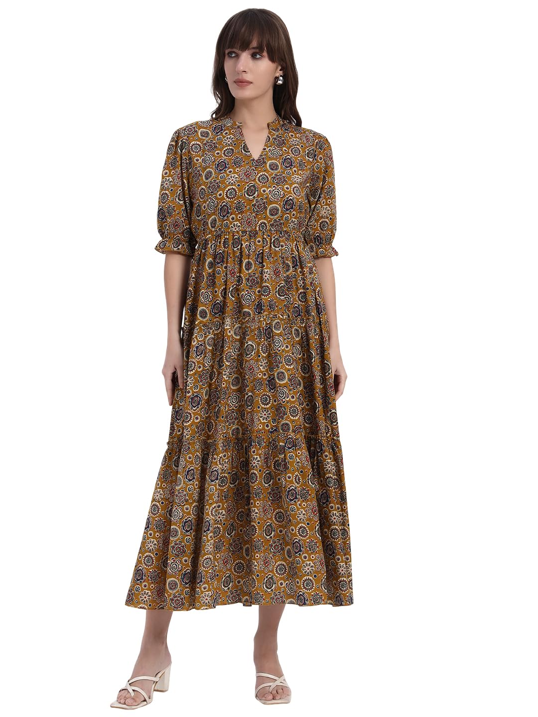 hion hils Women's Fit and Flare Dress I Pure Cotton Long Summer Maxi Dress I V-Neck I Casual Wear I Printed Kalamkari Floral Middi-picture-24