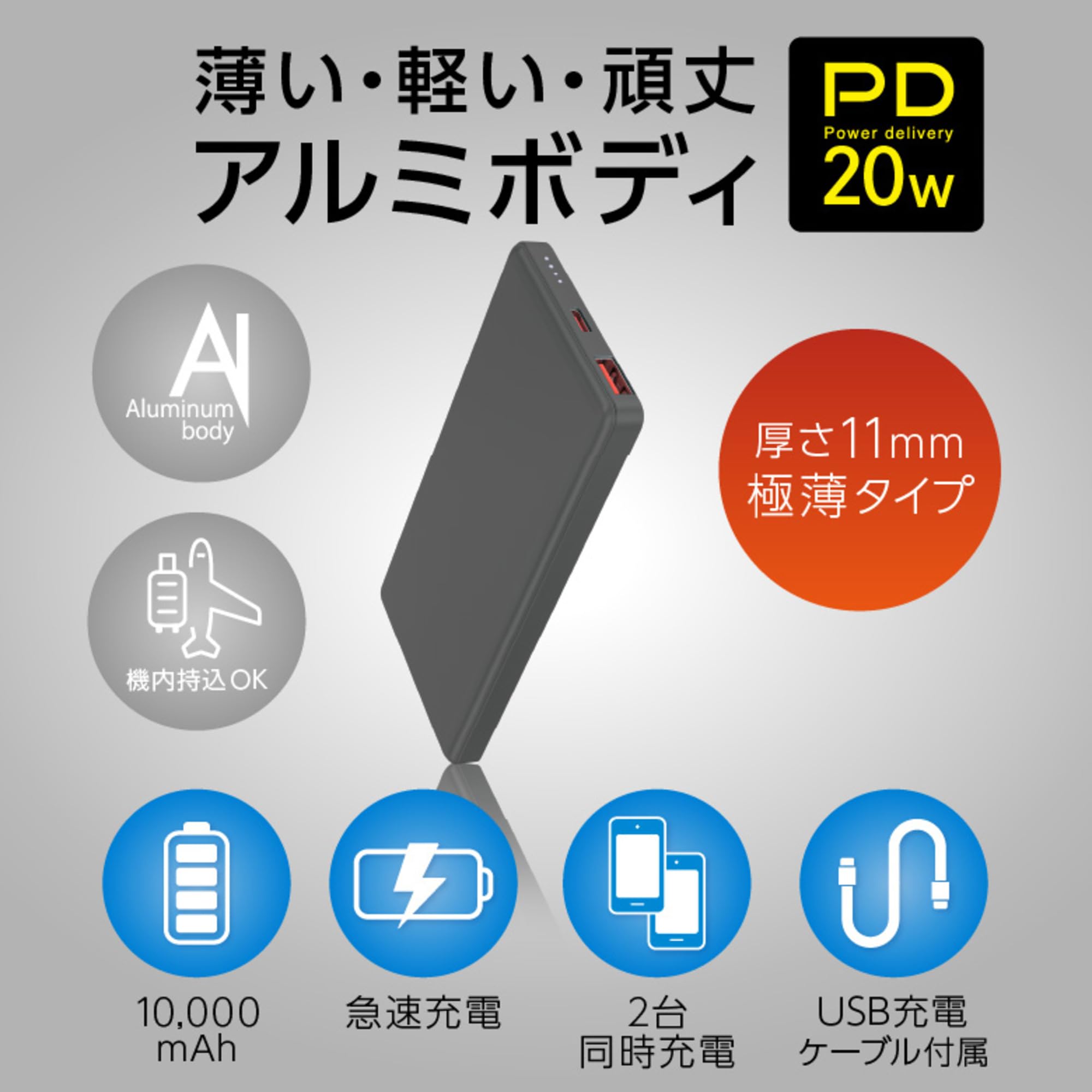 Amazon | グリーンハウス 極薄 モバイルバッテリー 10000mA PD 20W