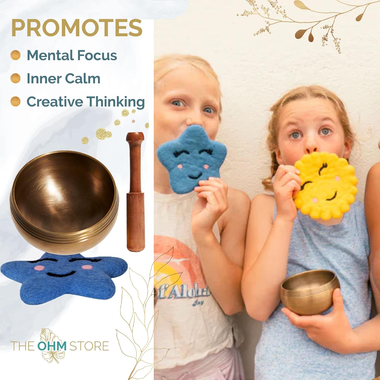 Ohm Store Pure Bronze Tibetan Singing Bowl Set — Children's Musical Percussion Instrument for Meditation and Mindfulness Practices — Little Ohmies Skye Character Pillow and Bronze Sound Bowl