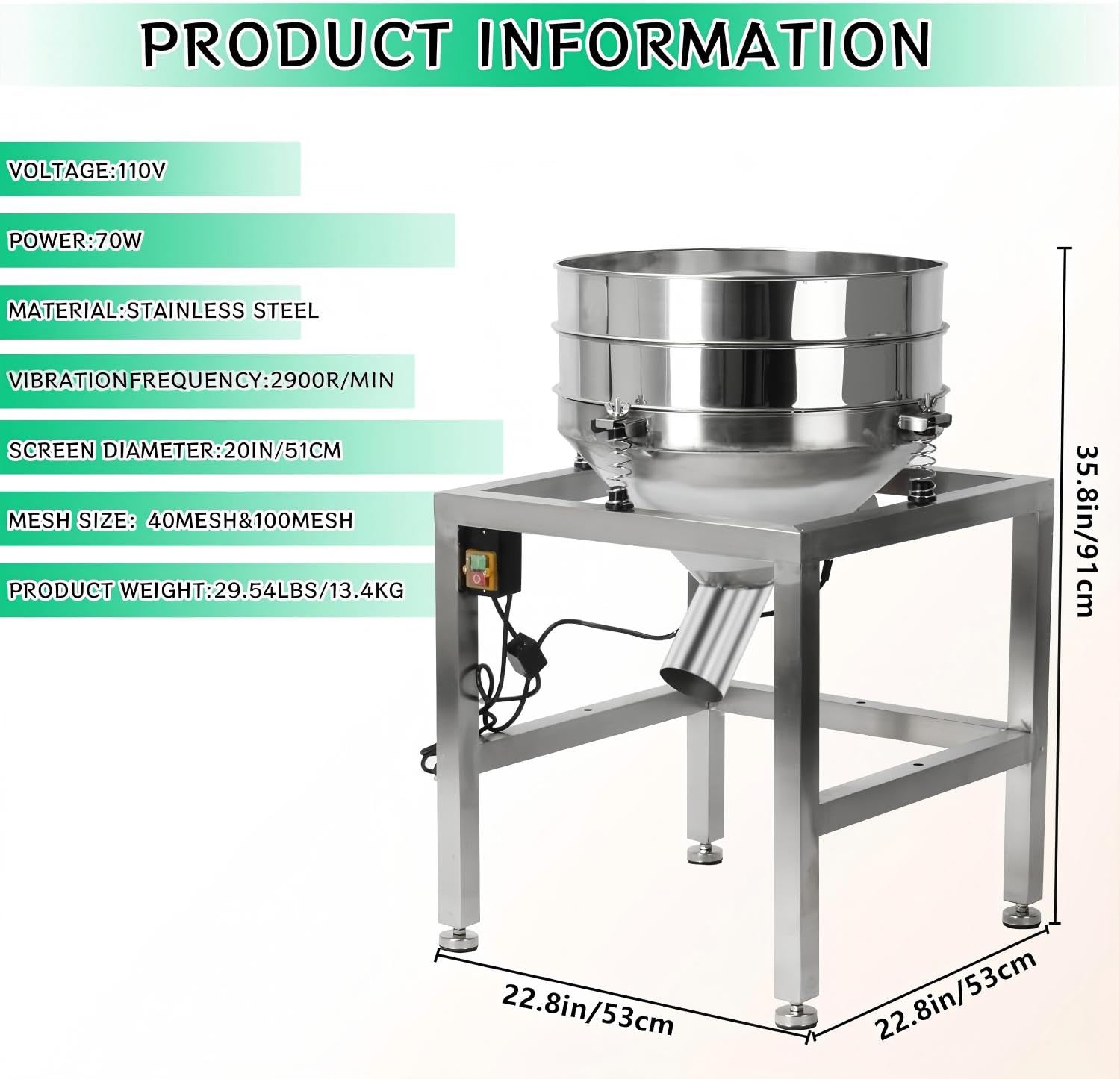 Tamiz eléctrico de polvo de acero inoxidable, malla 40/100 para uso doméstico y comercial, herramienta de tamizado eficiente para hornear y cocinar