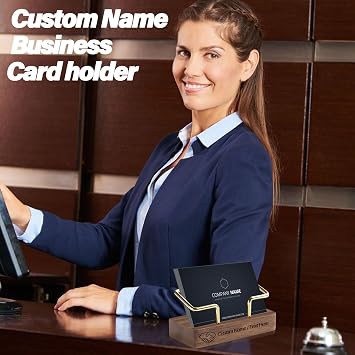 HJX Custom Business Card Holder for Desk, Engraved Walnut Wood Stand | Logo/Name/Text Engraving, Wood Base with Metal Rails, Holds 70+ Cards for Office Desks