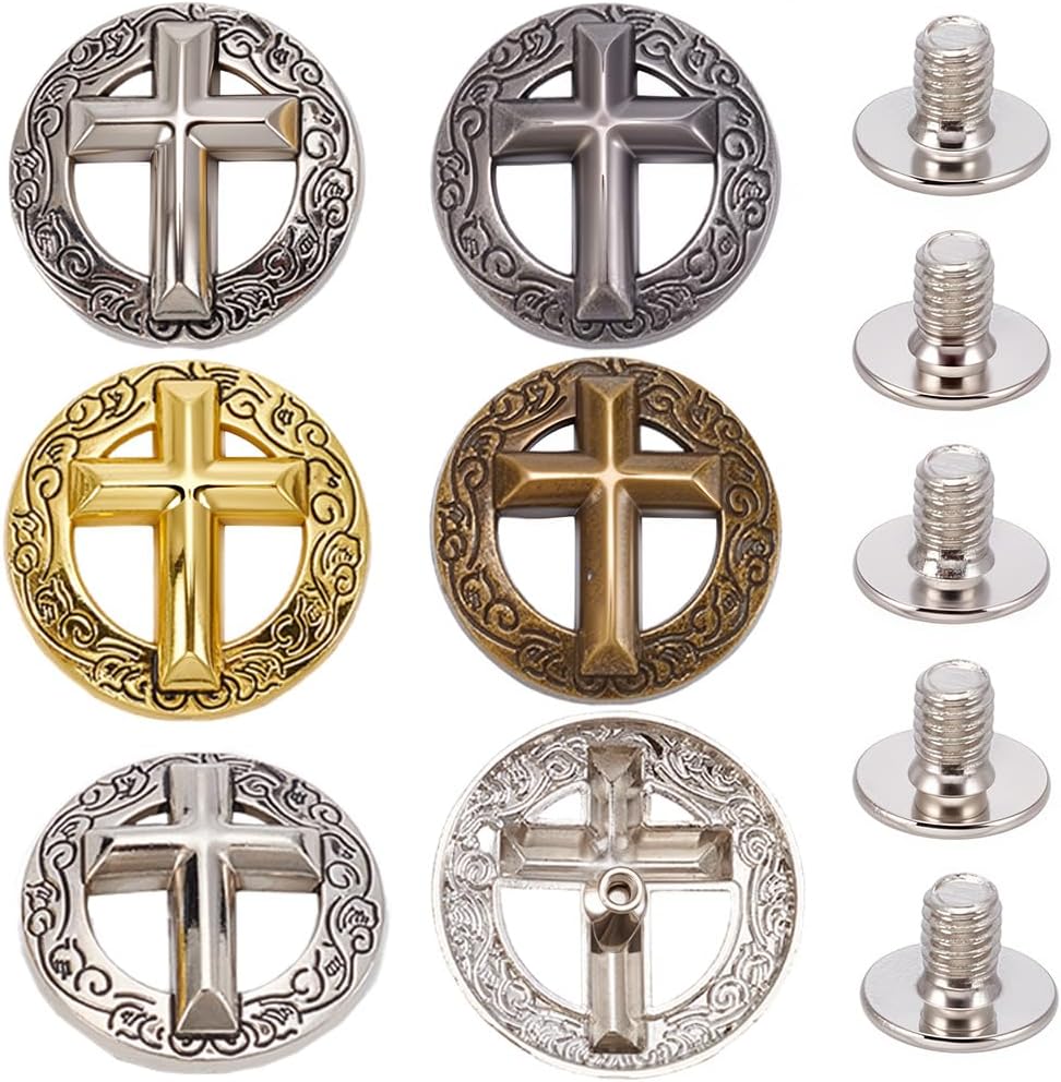 CRASPIRE 8Pcs 4 Colors Cross Retro Decorative Buckle Hollow Engraved Screw Back Buttons Classical Vintage Western Style Replacement Buckle for DIY Leather Craft Fabrics Goods Accessories Set