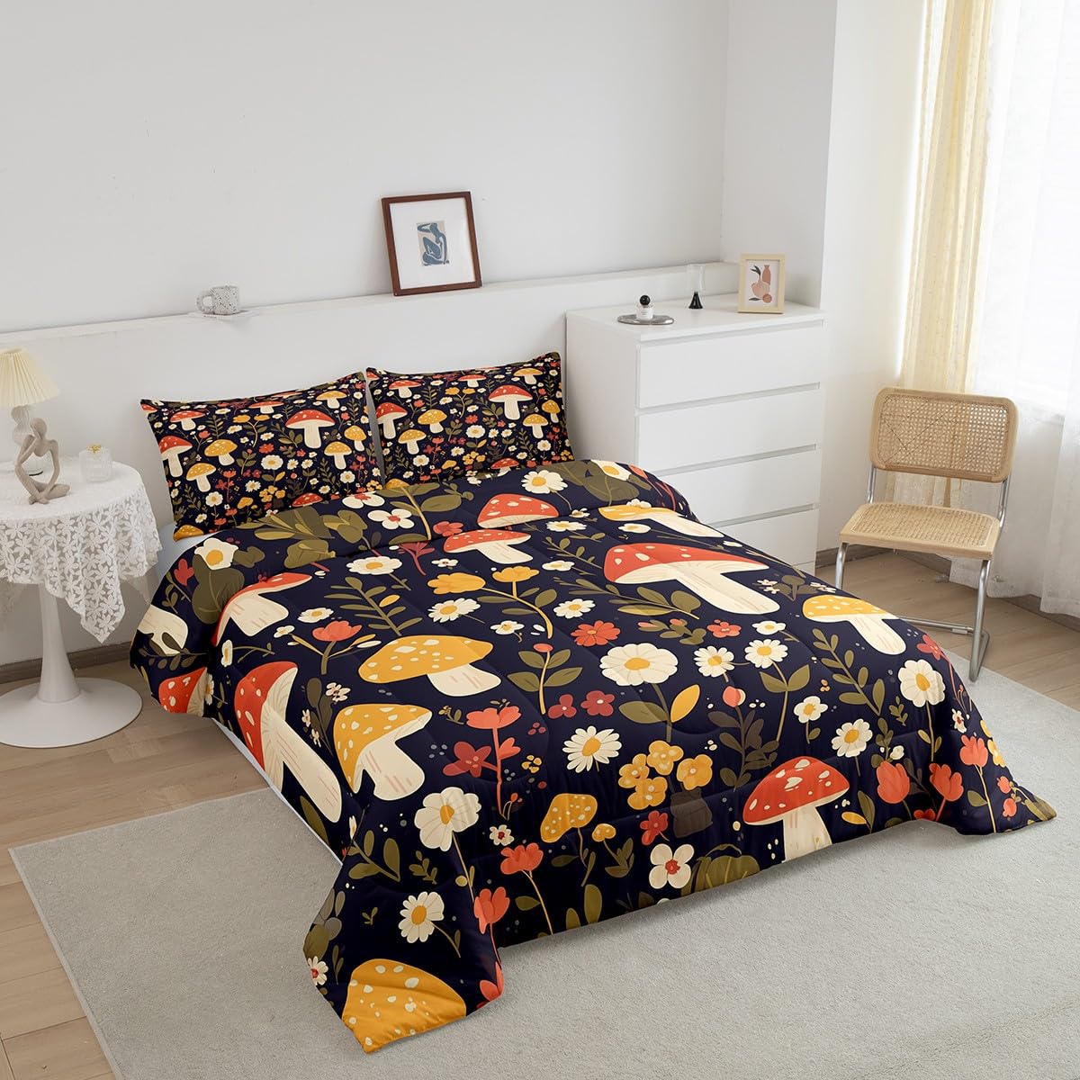 Feelyou Mushroom Comforter Natural Wild Fungus Comforter Set for Kids Boys Girls Botanical Plants Bedding Set Soft Bed Set Twin Size
