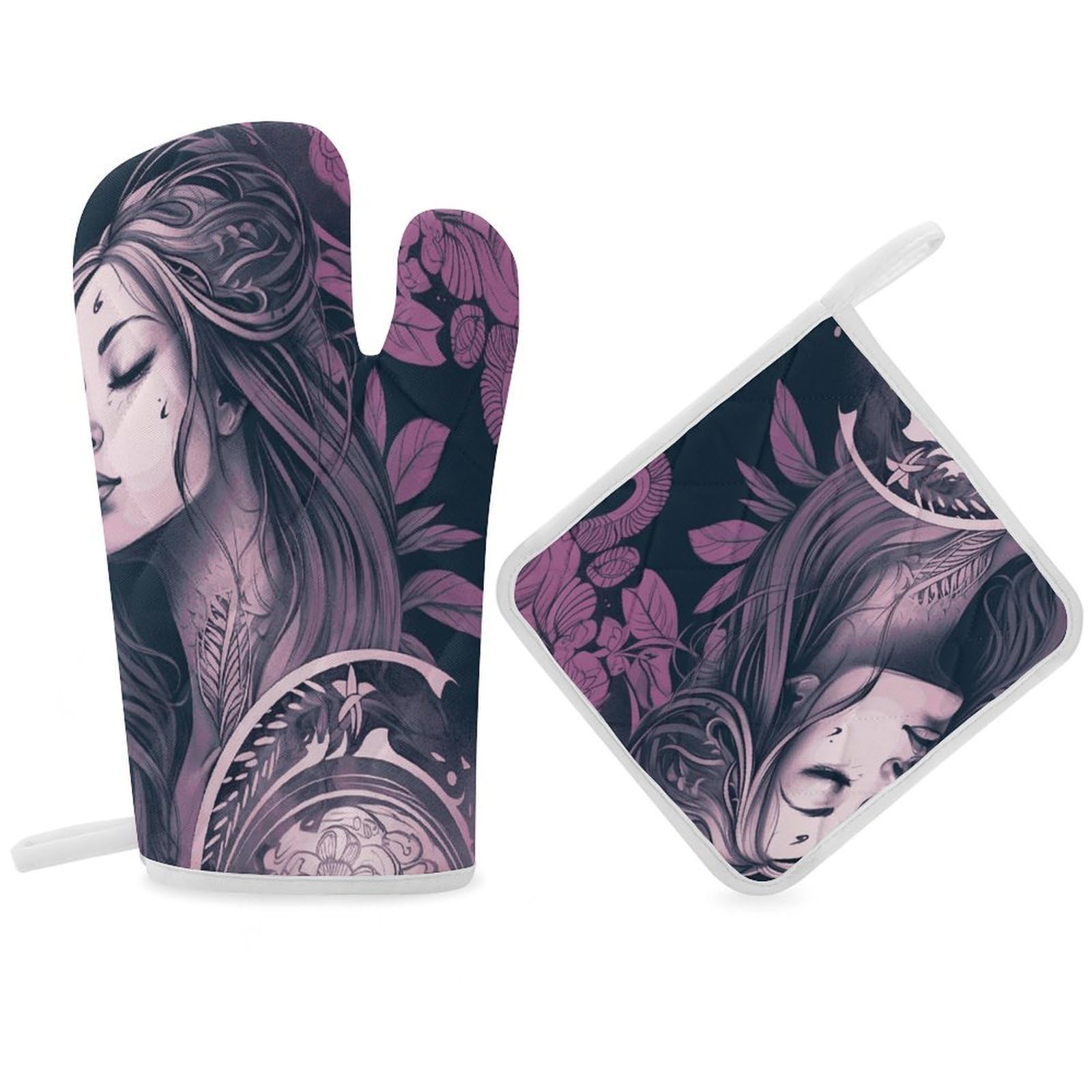 Fodpand Women's Style Ethereal Illustration Oven Mitts And Pot Holders Sets,Oven Gloves For Kitchen Oven Mitts And Potholders For Baking Cooking Grilling Apartment Essentials