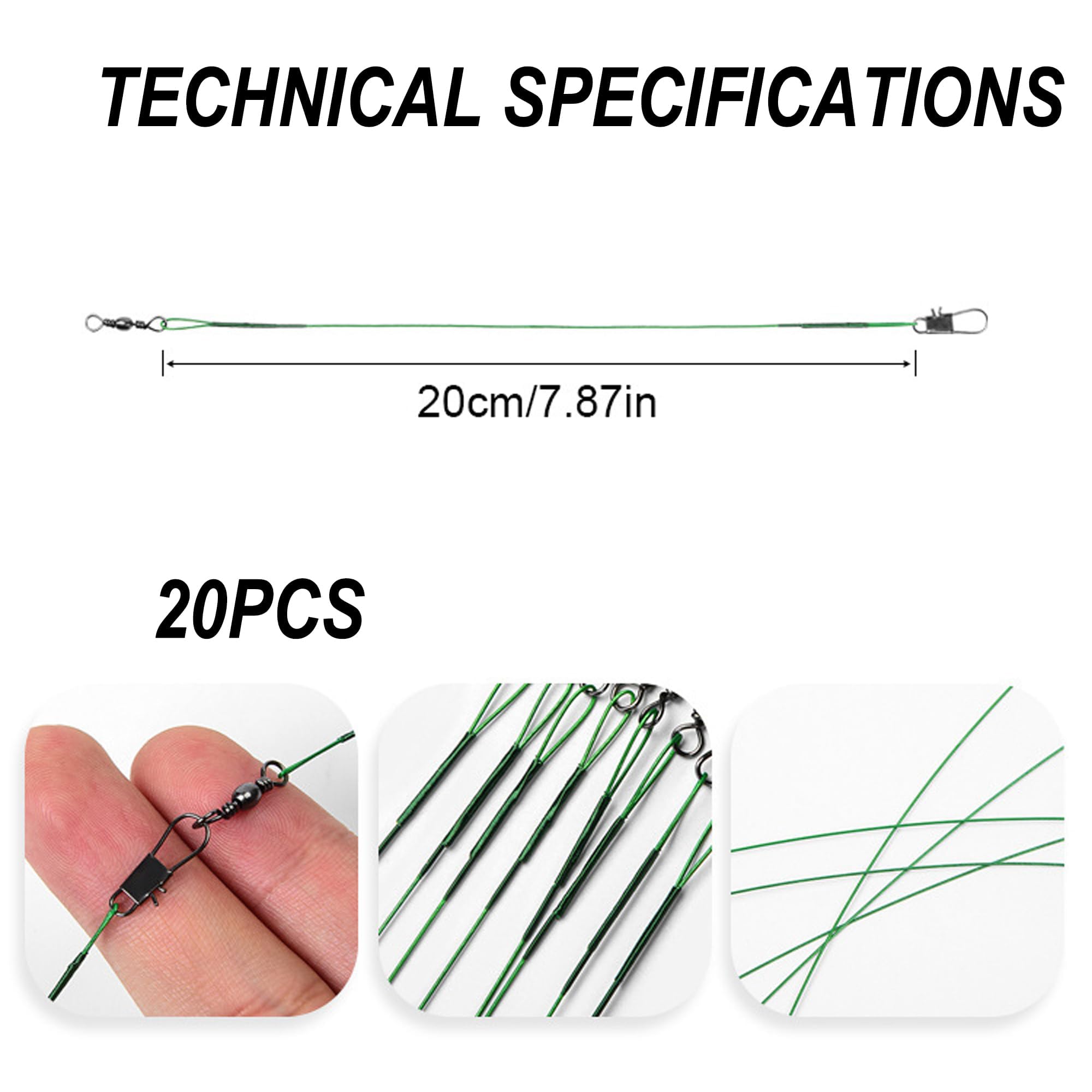 KIMHOME Ganchos de pesca verdes de 20 cm con líder (prueba de 22,7 kg), paquete de 20 alambres resistentes antimordida, acero al carbono resistente a la corrosión, afilados para lucio, peces
