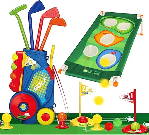 Juego de palos de golf junior para niños de 3 a 6 años, incluye 8 pelotas, 4 palos, alfombrilla de putting y carrito  Juguetes deportivos para