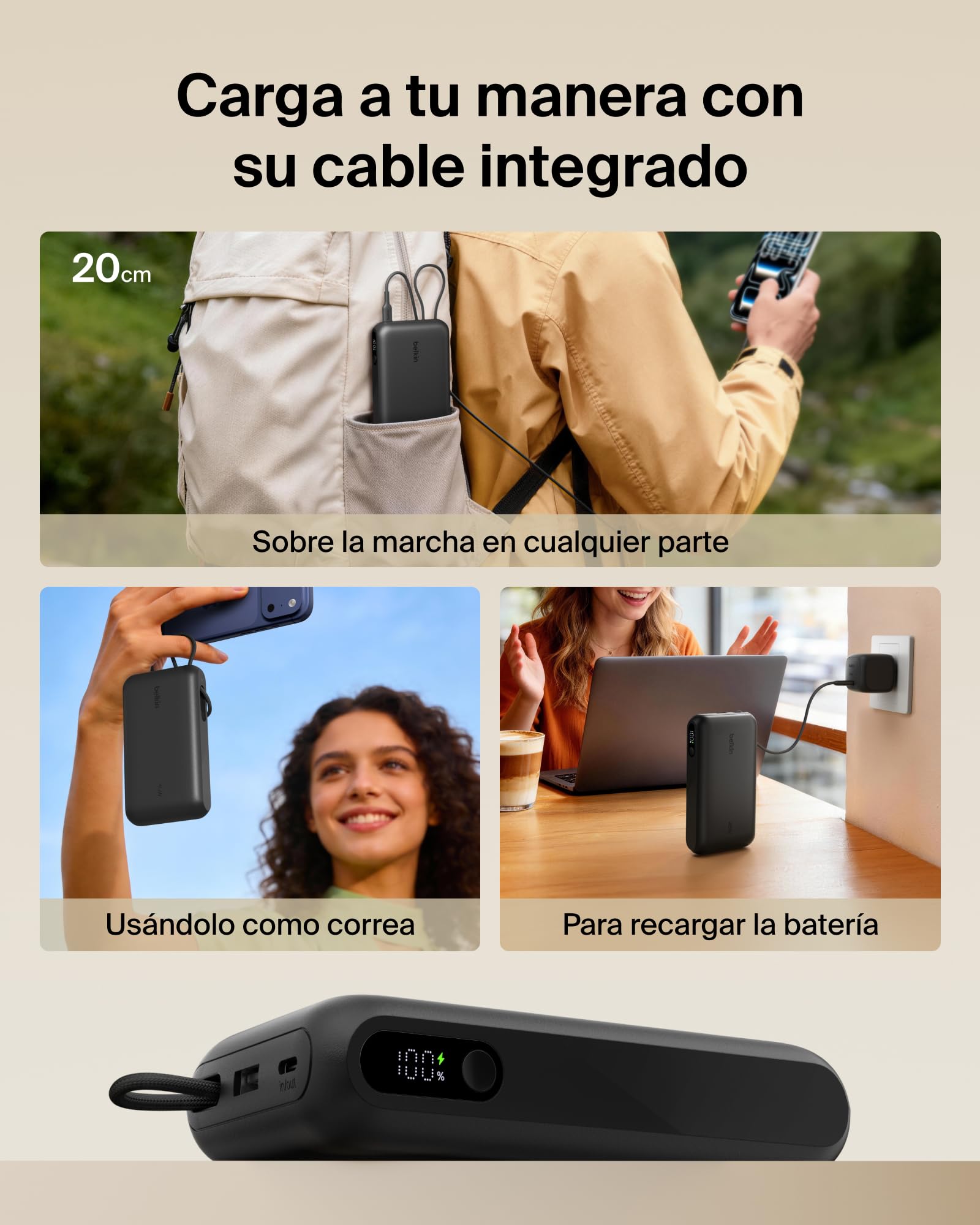 Belkin UltraCharge Batería Externa 20000mAh Cable USB-C y Pantalla - Negro | Power Bank de 20000 mAh, 1 Puerto y 1 Cable USB-C y 1 puerto USB-A, 45 W, LED, Apta como Equipaje de Mano y con Pantalla