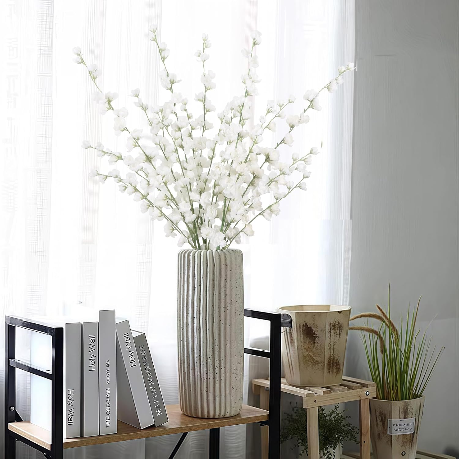 IPOPU White Delphinium Artificial Flowers,5PCS Silk Larkspur Faux Flowers 45.6in Tall Fake Flowers for Floor Vase Table Centerpieces Wedding Home Decor (White)