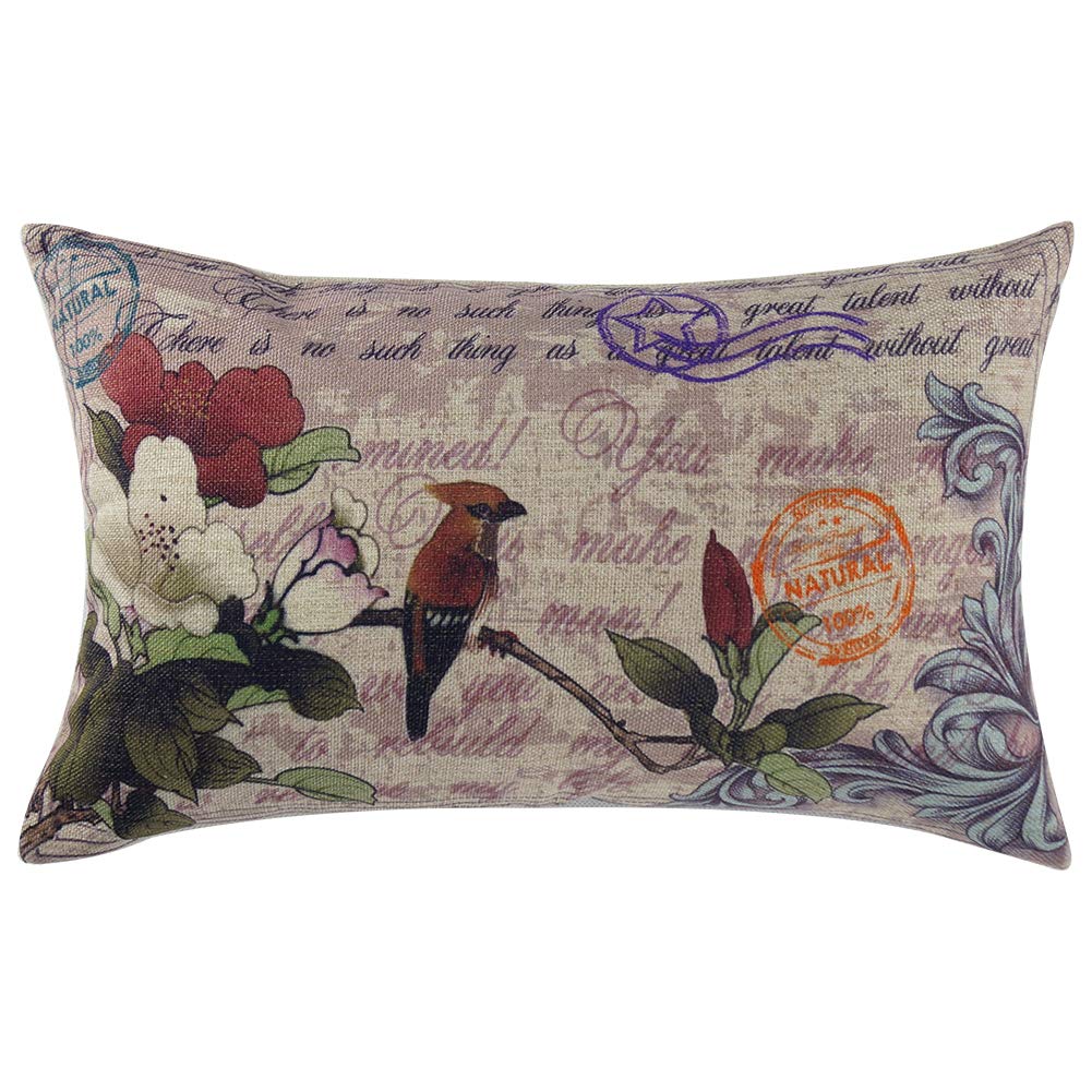 Cotton linen pillowcase pillow cushion natural flower and bird retro pattern wear-resistant washable antibacterial breathable sofa home decoration (1PCS)