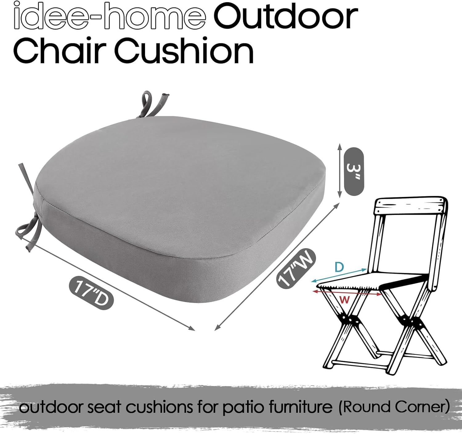 idee-home Outdoor Chair Cushions Set of 2, 17" x 17" x 3" Thick D-Shaped Patio Furniture Outdoor Seat Cushions Waterproof with Ties, Dining Pads