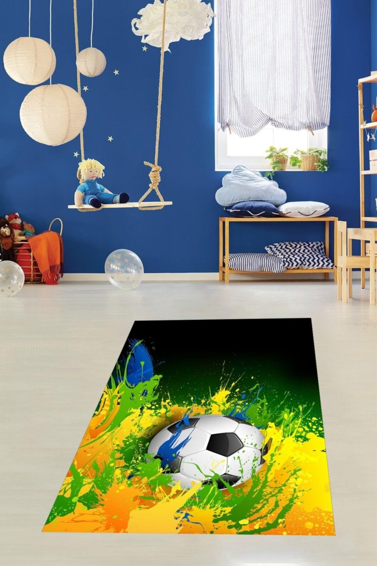 Pelangi Futbol Topu Desenli Dijital Baskılı Kaymaz Taban Yıkanabilir Leke Tutmaz Mutfak Halısı, Karışık Renkli 100 x 150