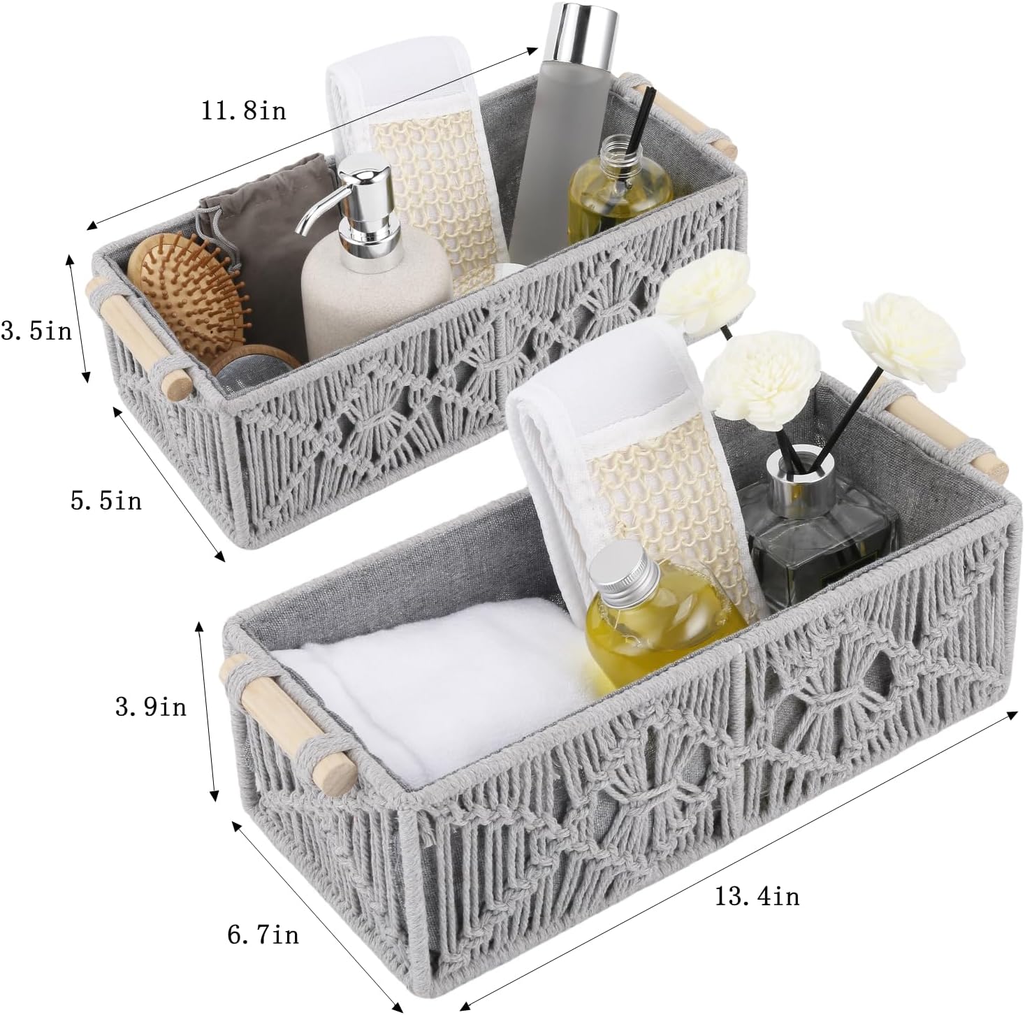 JOLINE Macrame Storage Baskets Boho Decor Box Handmade Woven Decorative Countertop Toilet Tank Shelf Cabinet Organizer for Bedroom Livingroom Home Set of 2 (Grey)