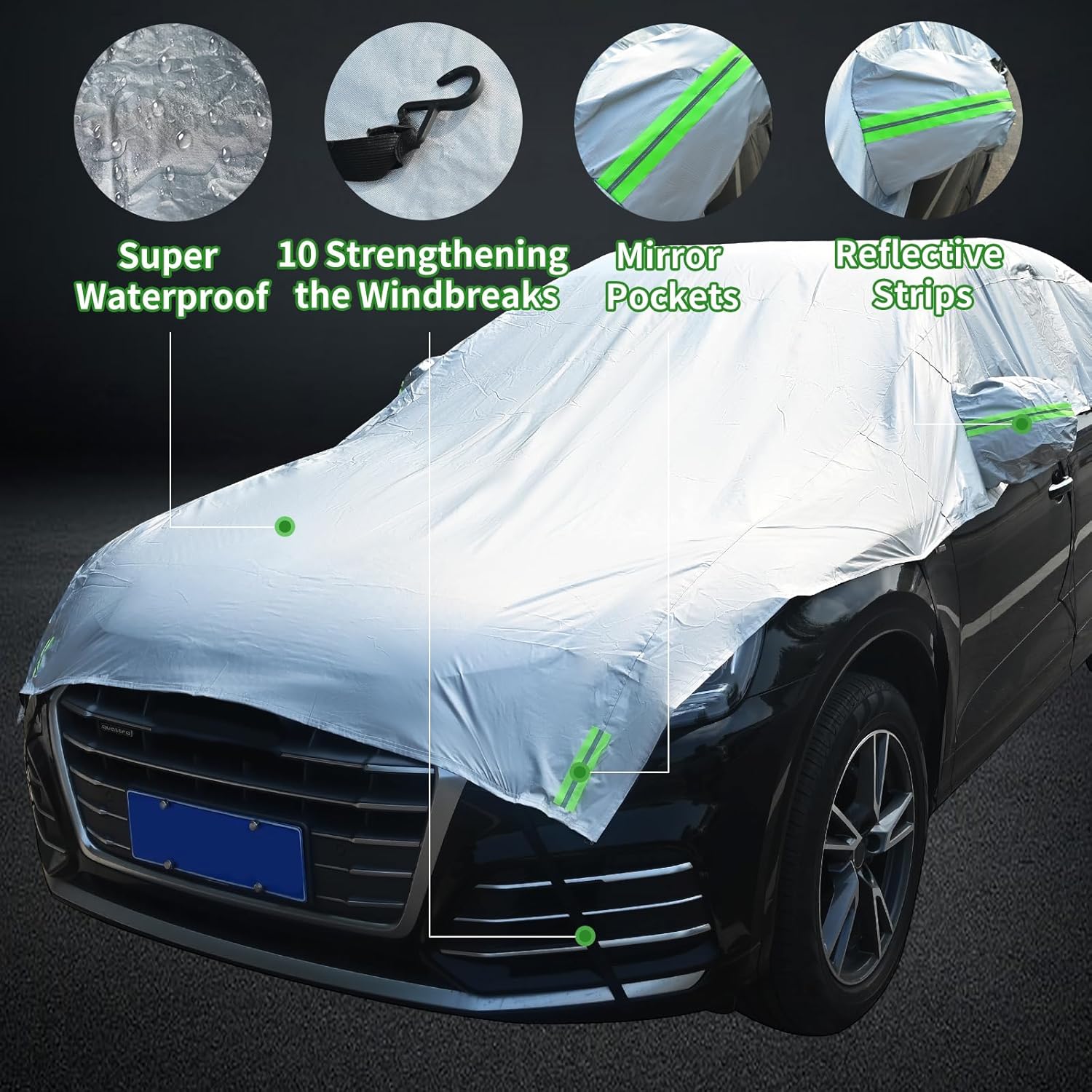 Car Snow Cover, Half Car Cover SUV, Car Windshield Cover for Ice and Snow, Car Cover Top Waterproof with Reflective Straps, Fit Water/Wind/Dust/Heat/Snow (SUV)