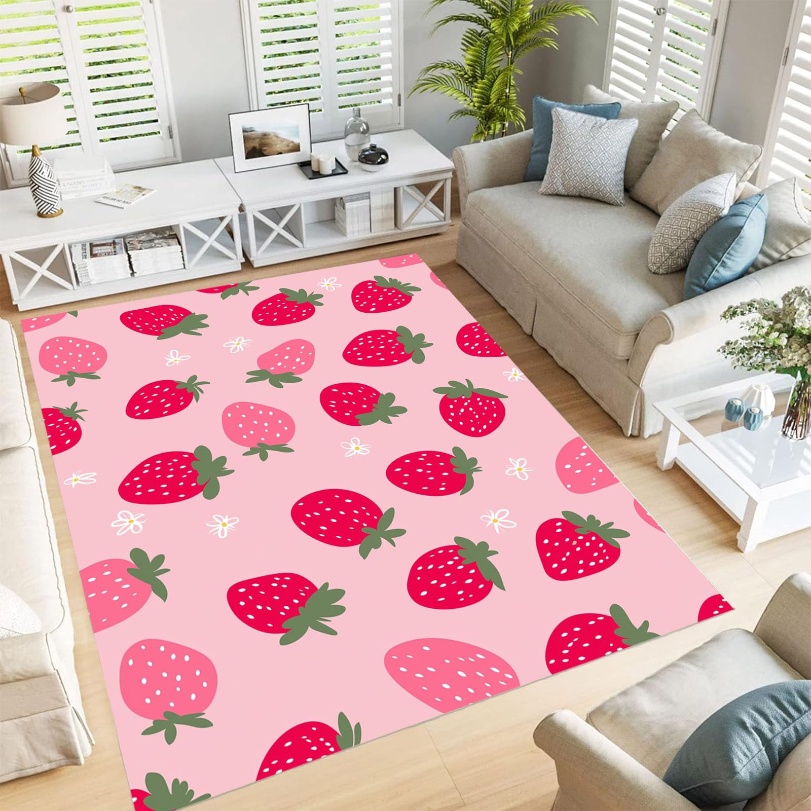 Tapis fraise florale de salon chambre enfant lavable poils courts