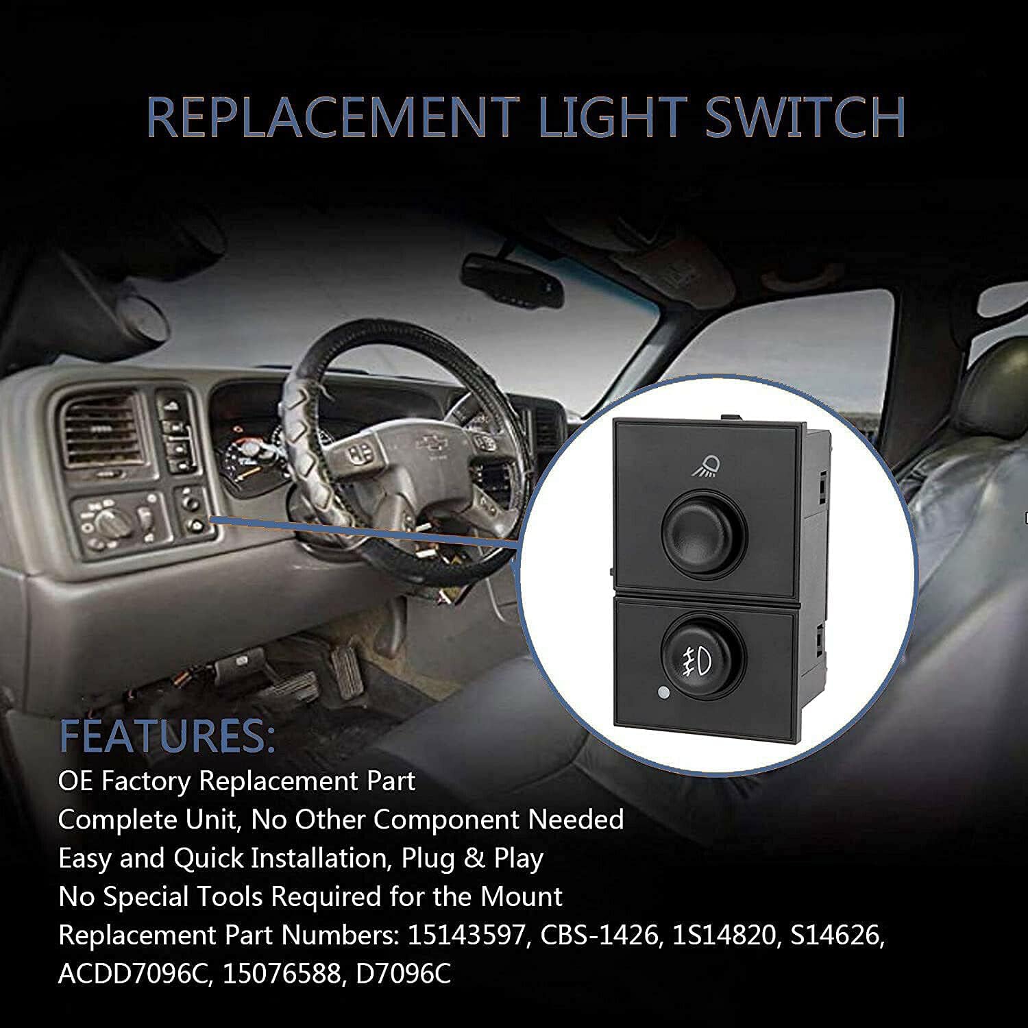 RLP Fog Light Switch Cargo and Fog Lamp Switch Compatible with 2003-2006 Ca-dillac Escalade Chevy Silverado 1500 2500 3500 GMC Sierra 1500 2500 3500 Replaces 15143597 15076588