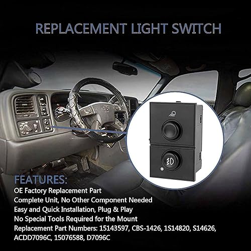 Miniatura 7 de RLP Interruptor de luz antiniebla, interruptor de carga y lámpara antiniebla, compatible con Ca-dillac Escalade Chevy Silverado 1500 2500 3500 GMC