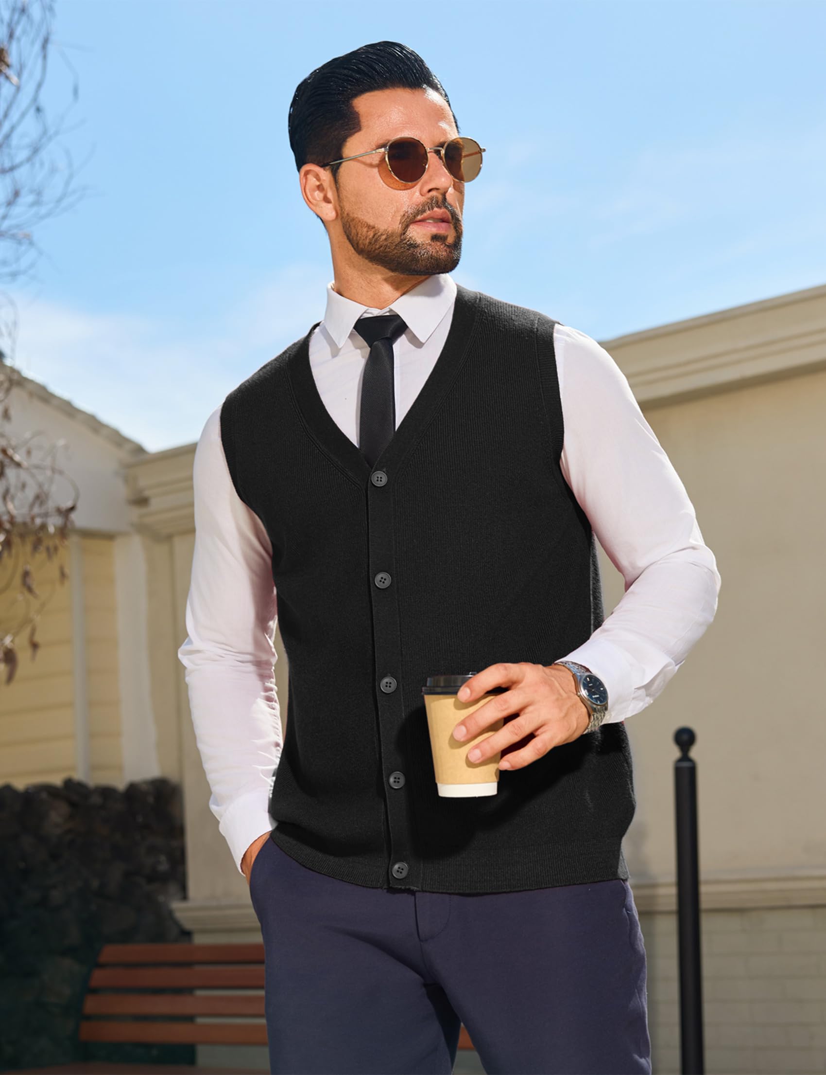 Sykooria Gilet Cardigan Homme sans Manches à Col en V Pull Tricoté Débardeur Léger et Élégant avec Boutons S-XXL
