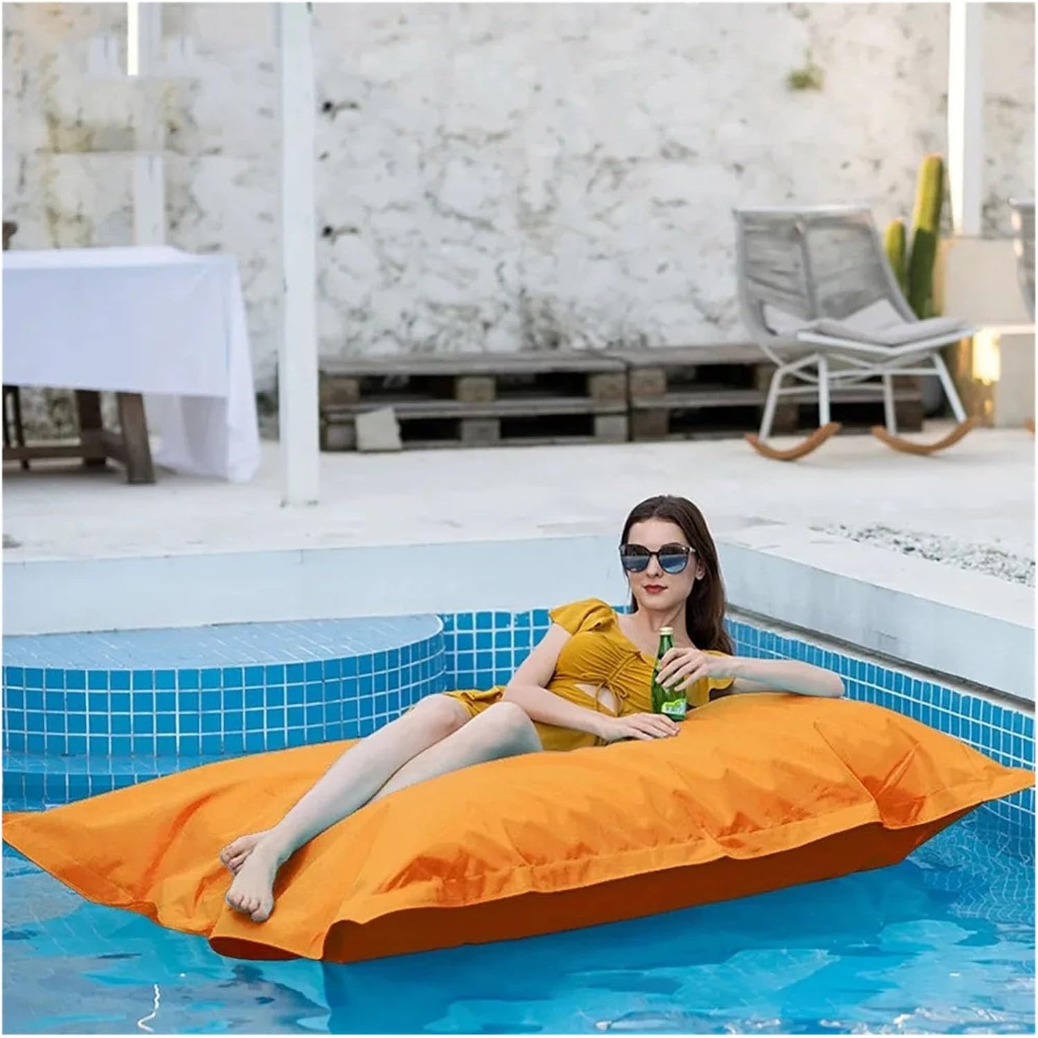 Rectangular Swimming Pool Floating Bean Bag Pouf Cover No Filler Waterproof Beach Pillow Sac Sofa Bed Chaise Lounge(Orange)