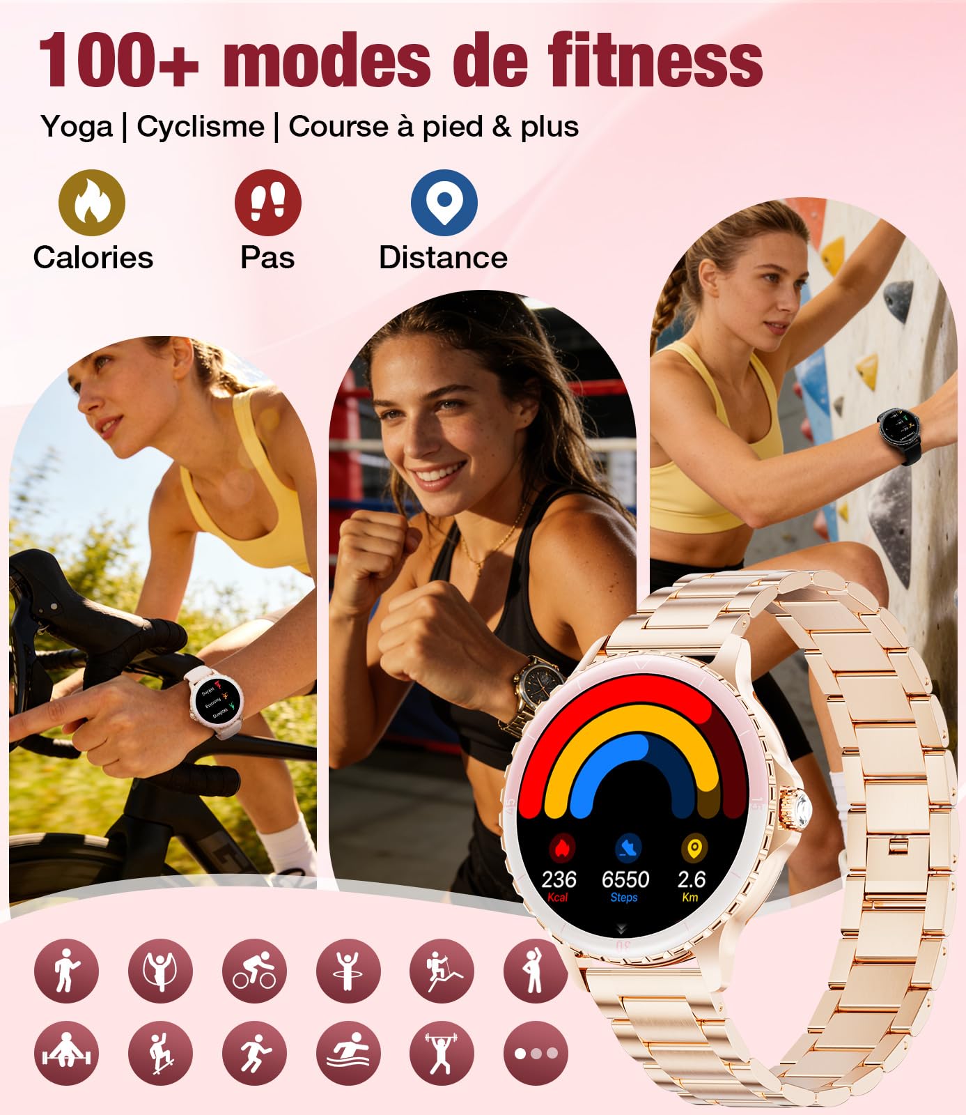 Montre Connectée Femme Ronde, 1,27" Smartwatch Femme avec Appel Bluetooth, Montre Intelligente Santé Féminine Fréquence Cardiaque SpO2 Sommeil Montre Fitness Podomètre, Or Rose