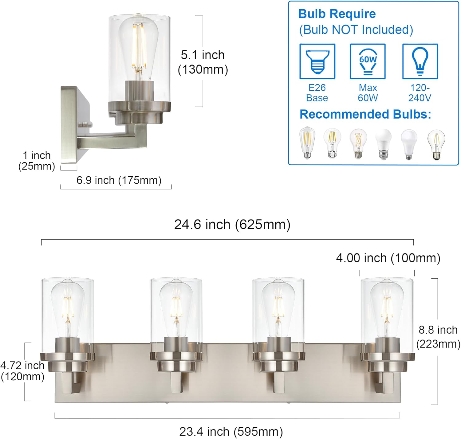 MELUCEE 4 Lights Vanity Light Brushed Nickel Modern Bathroom Lighting Fixtures Over Mirror with Clear Glass Shade, Industrial Wall Lights for Mirror Cabinet Kitchen