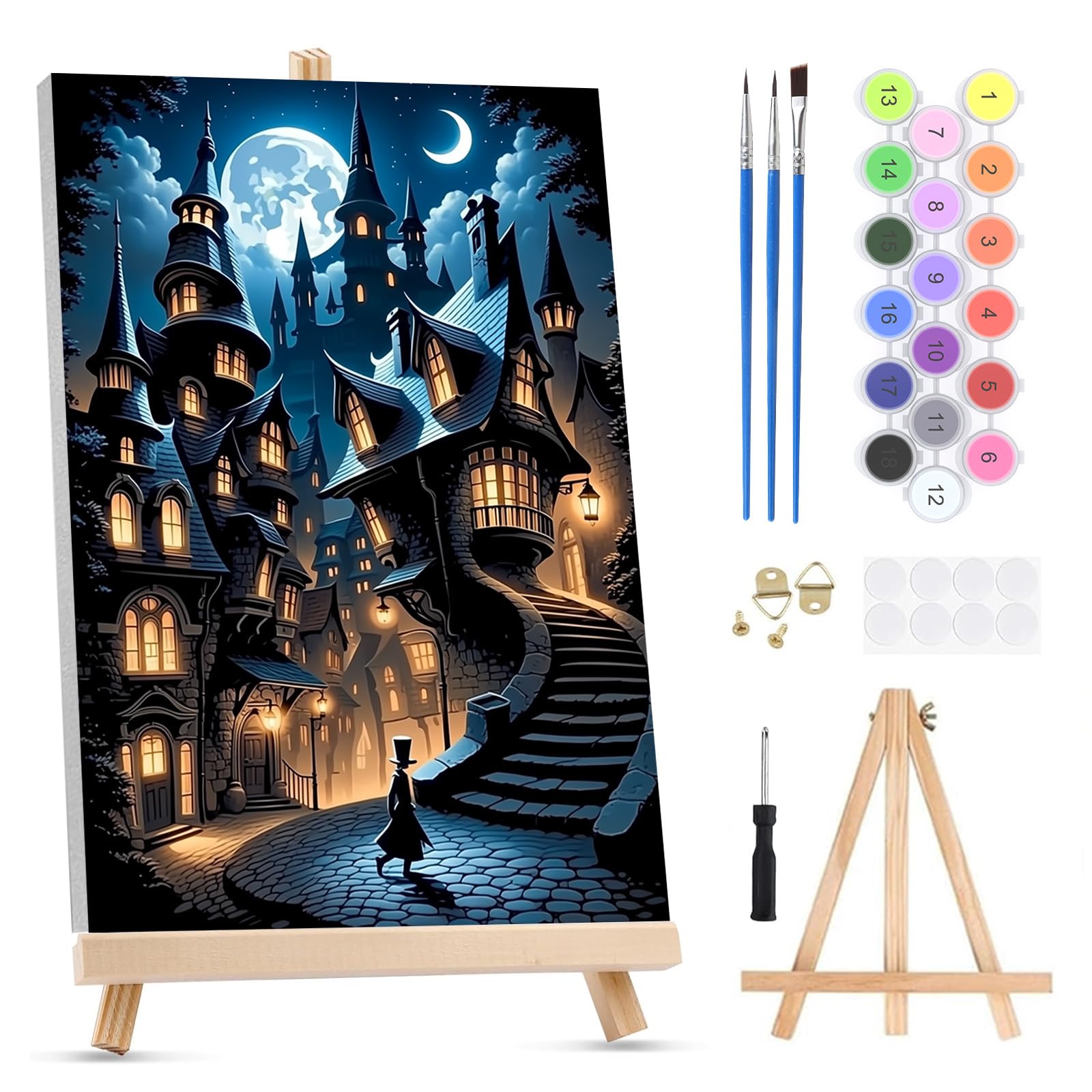 QENSPE Paint by Numbers for Adults on Framed Canvas - with Wooden Easel, Spooky Building Painting by Number Kit for Beginners, DIY Castle Acrylic Oil Painting for Home Wall Decor 8x12 Inch