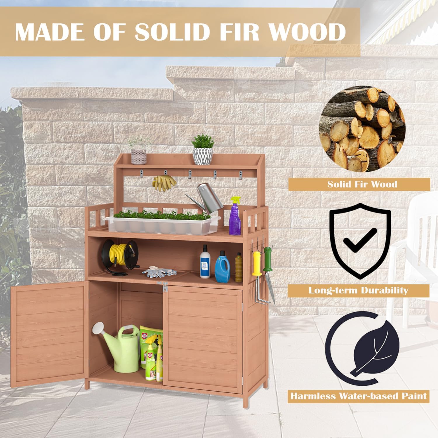 Outdoor Potting Bench with Storage Cabinet & Top Shelf for Garden Workstation - Brown
