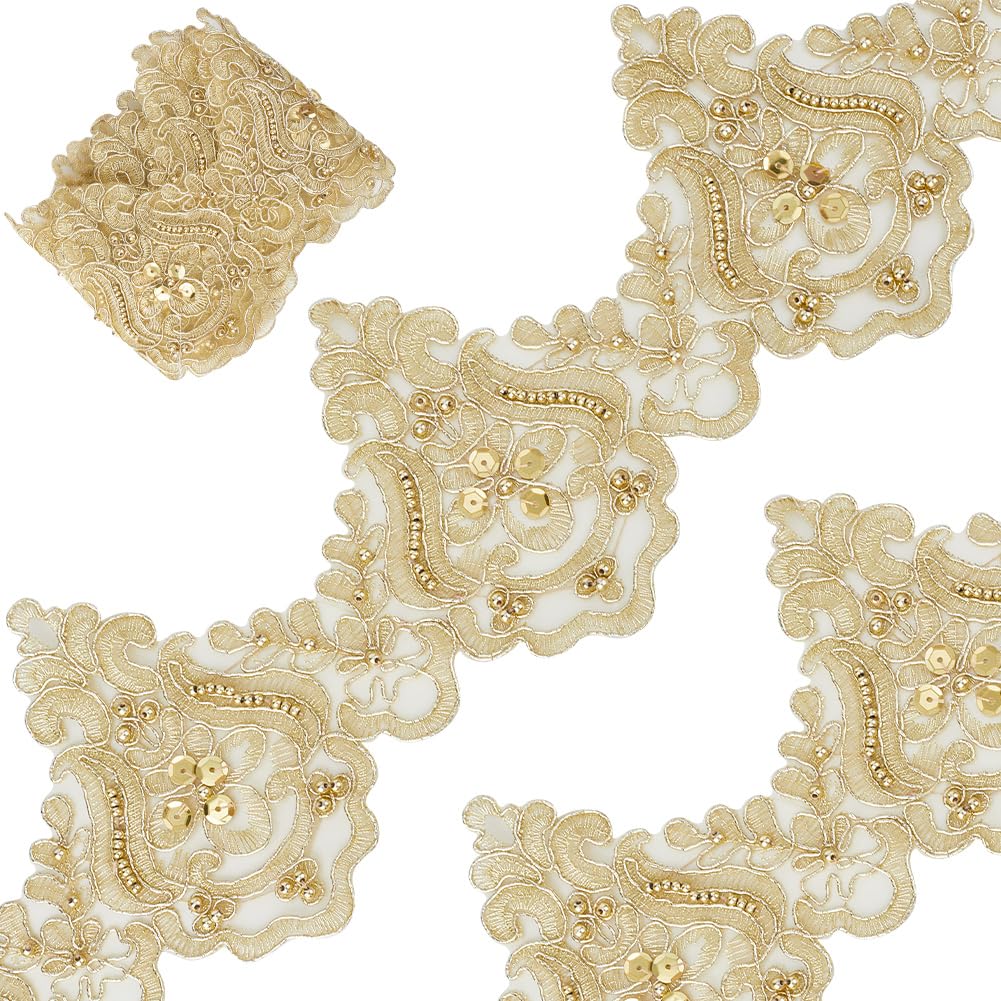 GORGECRAFT 3 Yards x 12.8cm Gold Venice Lace Trim Embroidery Scalloped Sewing Trims Wave Pattern Flower Beaded Edge Ribbon Wedding Applique for Curtain Tablecloth Slipcover Bridal Decor DIY Crafts