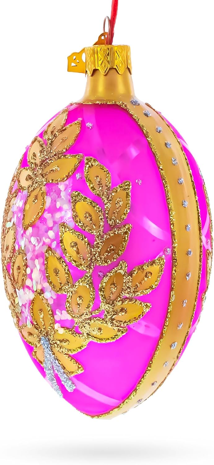 Golden Branches On Pink Glass Egg Ornament 4 Inches