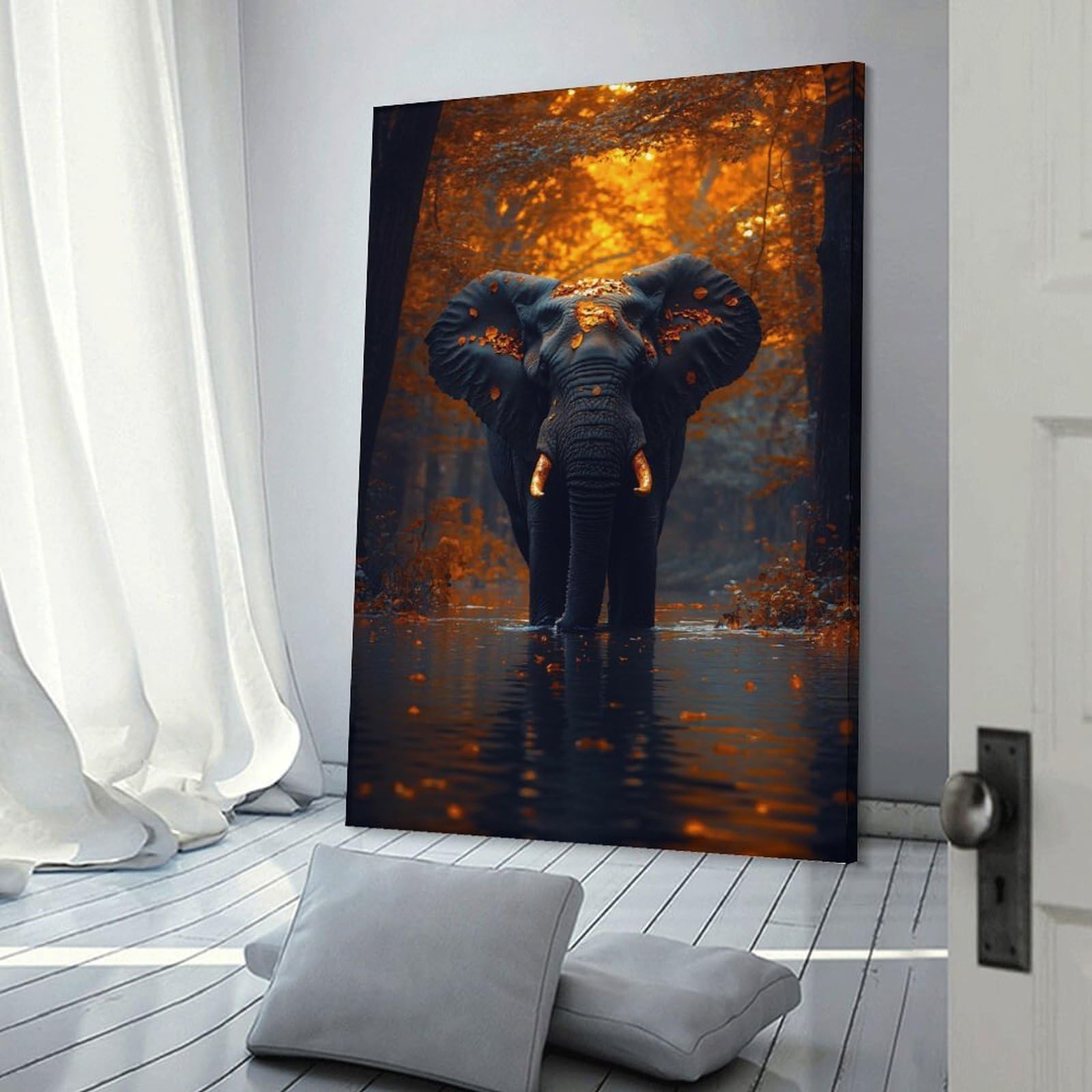 Junmoney Elephant in Autumn Forest Lake Wall Art Print, 20x30inch(50x75cm), for Bedroom Decor, Cosy Corners Or Studios, Decorative Wall Art for Cosy Rooms