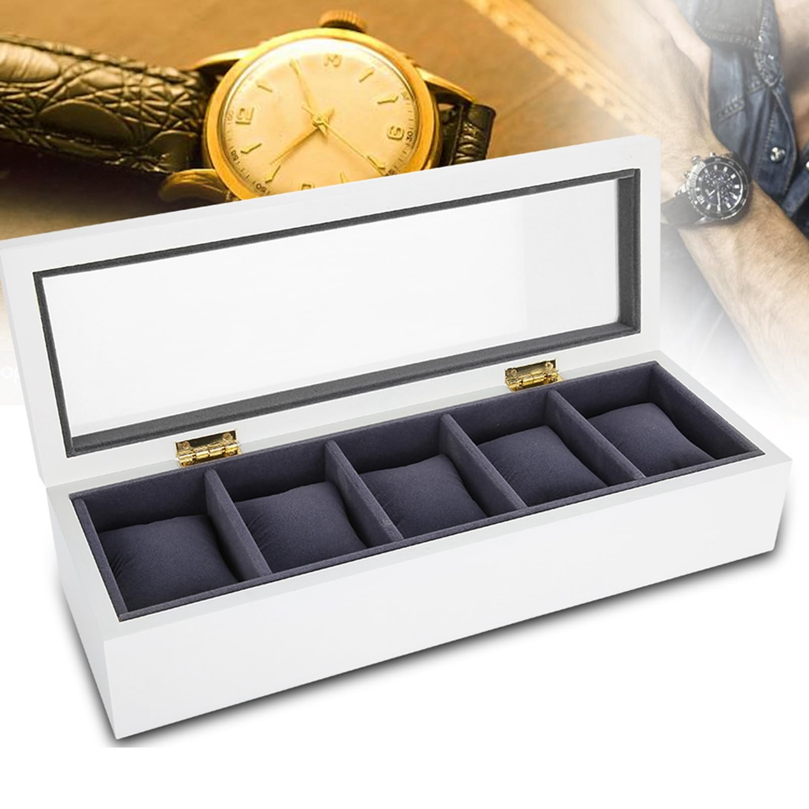 Caja de Almacenamiento de Relojes de 5 Rejillas con Almohadas Suaves para Exhibir Relojes y Joyas en un Diseño Elegante para Uso Doméstico o Tienda de (WHITE)