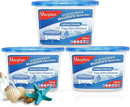 Vacplus Moisture Absorbers - Dehumidifiers for Closet, Efficient Humidity Absorber Boxes Collect Excess Moisture for Bathroom, Kitchen, Study, Ocean Fragrance, 3 Pack