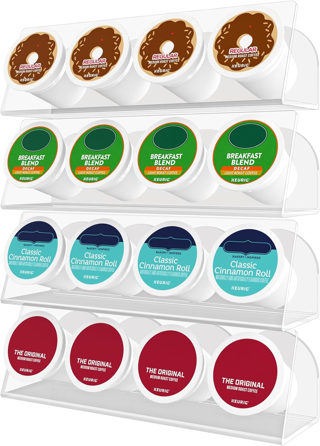 Acrylic K Cup Holder Holds 16 K-Cups, Magnetic & Self-Adhesive Multi-Mount Reusable Coffee Pod Organizer For Kitchen, Fridge, Cabinet (4 Pcs, Clear)