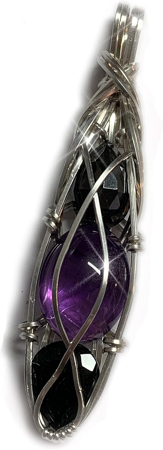 Black Tourmaline Amethyst Hematite Crystal Pendant Necklace Sterling Silver Protection Combination Stone Jewelry TABS1 (Hematite Amethyst Tourmaline, sterling-silver)