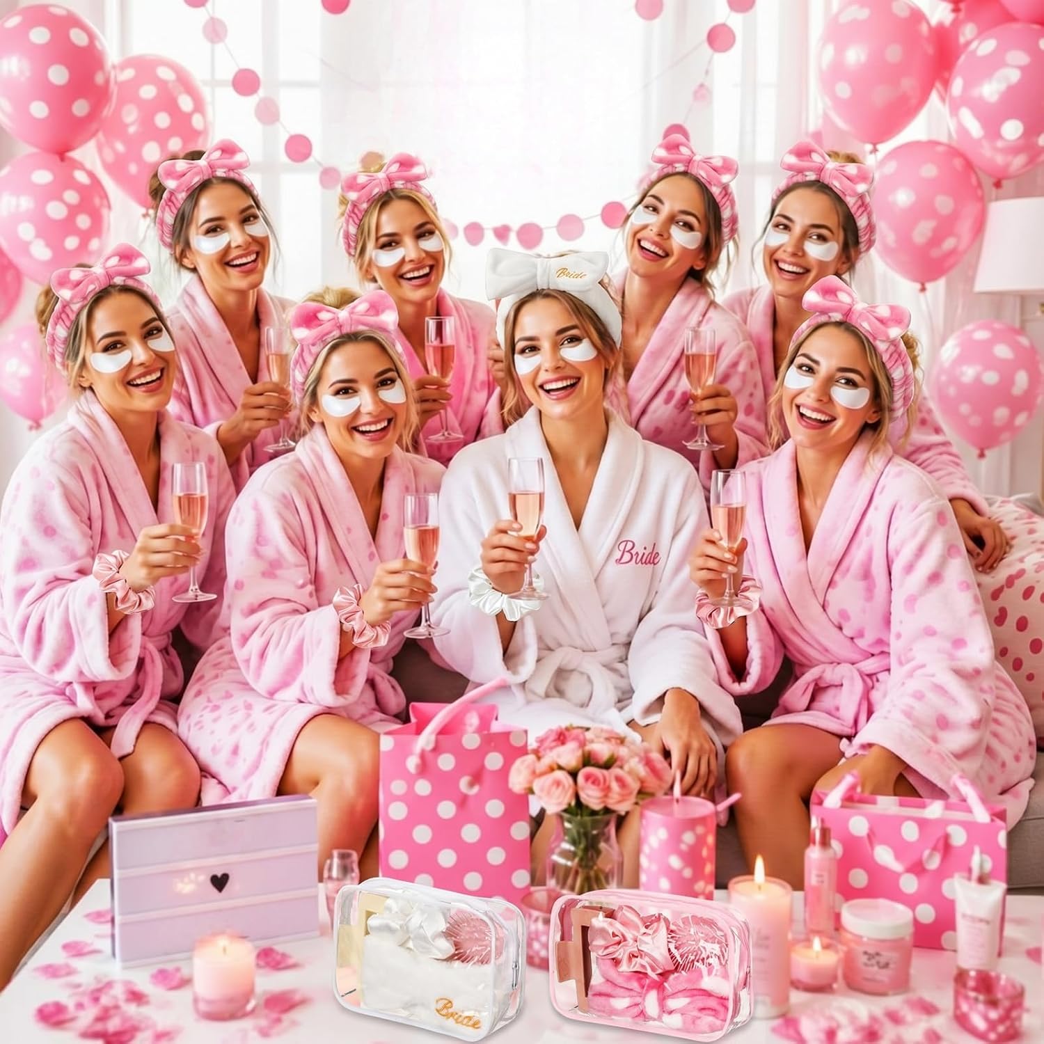 40 Pcs Bachelorette Favor Set Include Headband Scrunchies Hair Claw Clips Hairbrush and Makeup Bag for Bridal Shower Party Gifts Bridesmaid Wedding Supplies (White and Pink Dots)