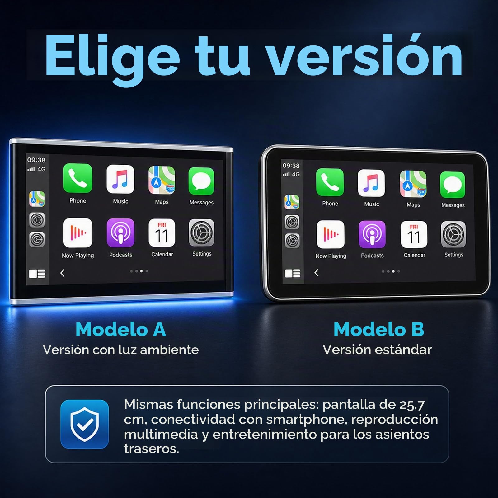 Monitor de Reposacabezas de Coche con Carplay Inalámbrico para Asiento Trasero, Pantalla Táctil IPS 10.1", Compatible con Apps de Películas, HDMI, USB, Multilingüe A