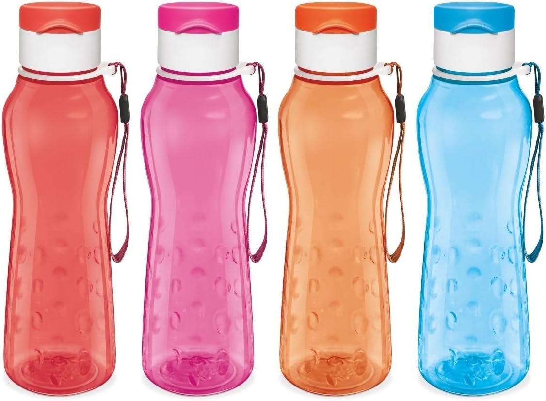 Sports Water Bottle Kids Reusable Leakproof 25 Oz 4-Pack Plastic Wide Mouth Large Big Drink Bottle BPA & Leak Free with Handle Strap Carrier for Cycling Camping Hiking Gym Yoga Fitness