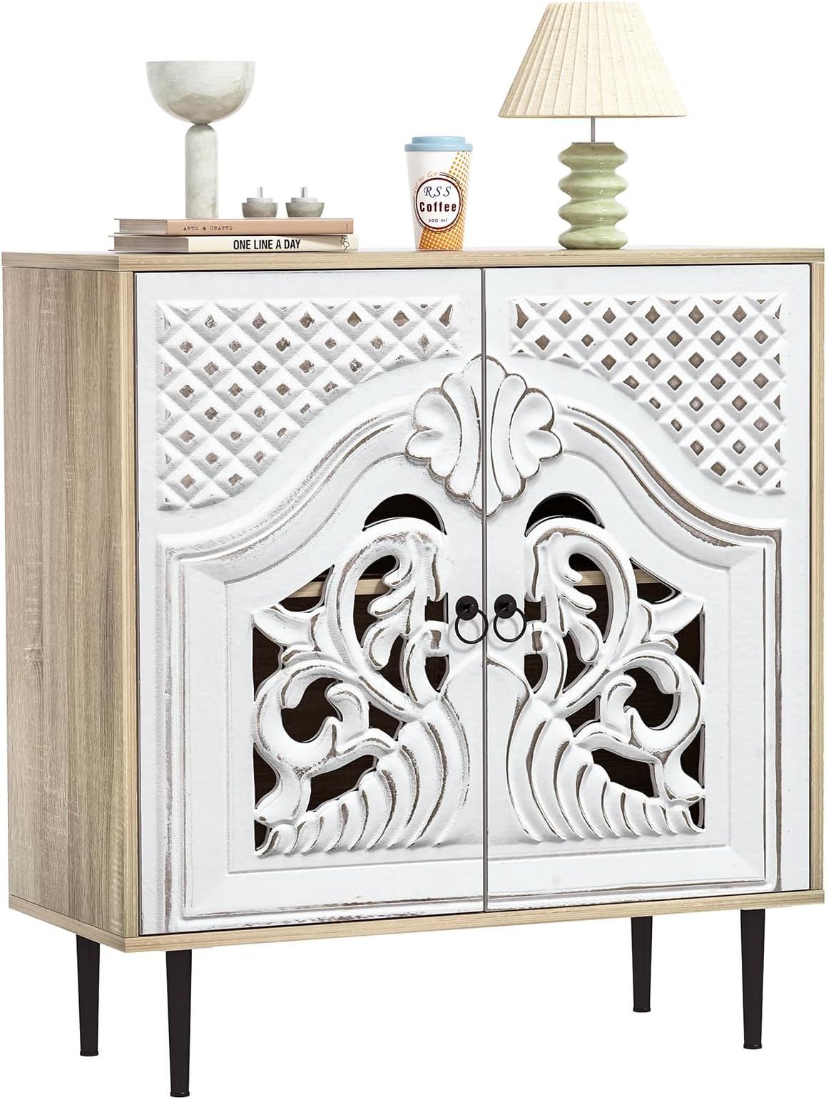 Sideboard, Kitchen Sideboard with 2 Doors, Carved Kitchen Cabinet with Adjustable Shelves, Buffet Cabinet for Living Room, Dining Room