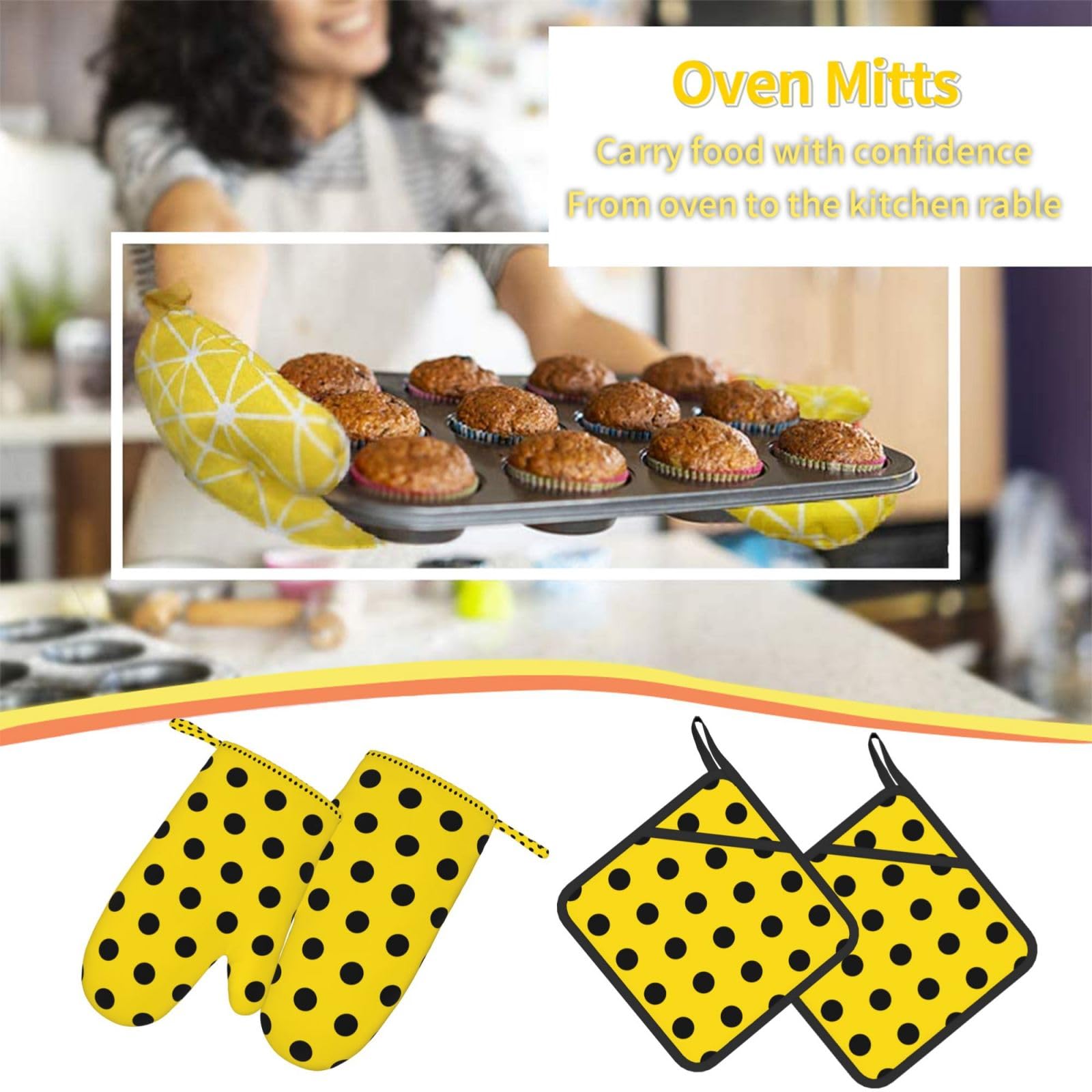 Juego de Cuatro Guantes y Manoplas Resistentes al Calor para Hornear, Guantes de Cocina Antideslizantes, Manoplas para Horno, Lunares Negros y Amarillos.