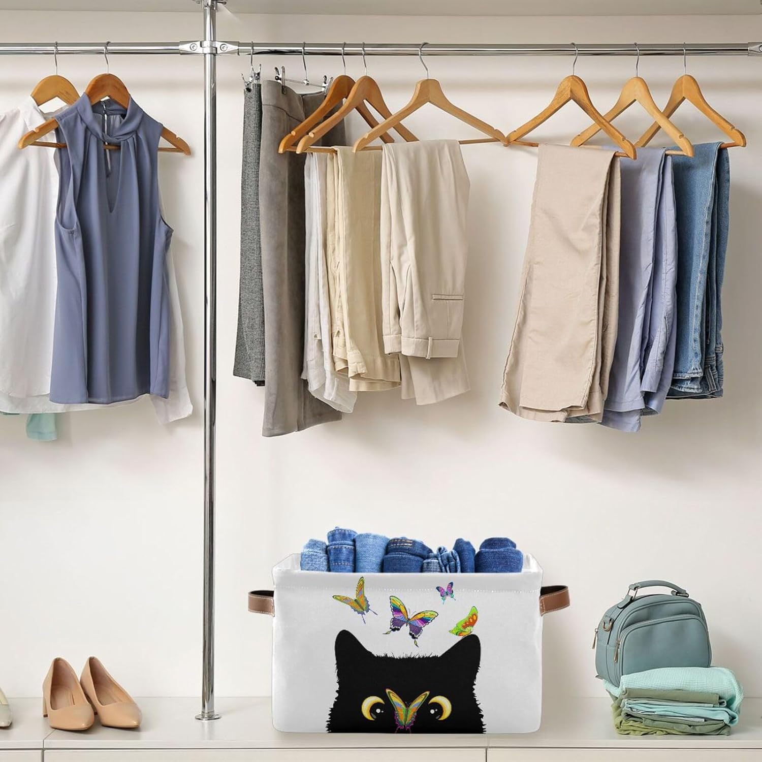 JIPONI Cat with Butterfly Fabric Storage Bins for Shelves, Decorative Storage baskets for organizing, Closet Organizer with Handle for Cloth, Toys, Bedrooms, Farmhouse