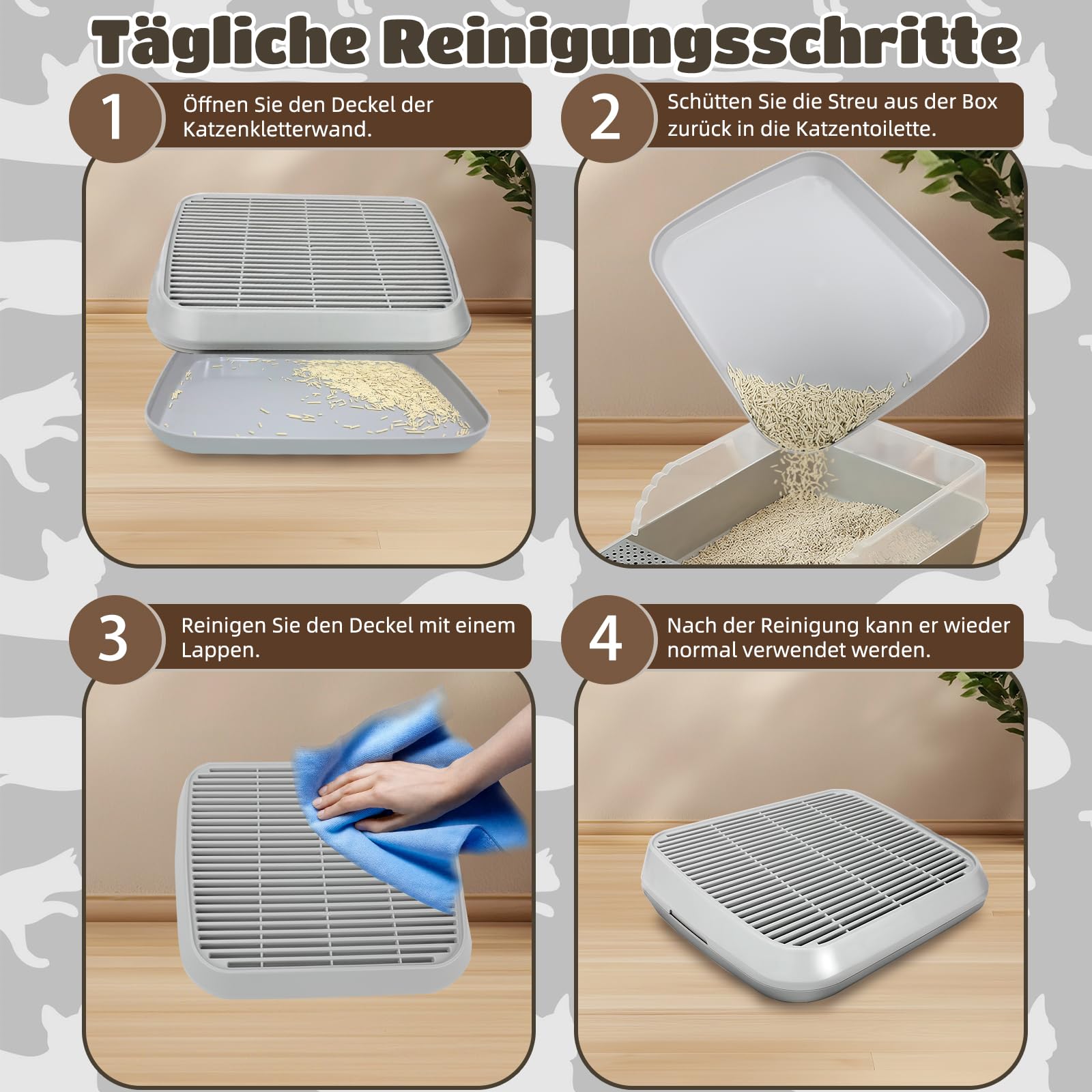 Katzenrampe für Katzentoilette, Katzen-Trittleiter mit Filterfunktion, doppellagige, waschbare und leicht zu reinigende Katzentoilettenmatte, geeignet für kleine und ältere Katzen (grau)
