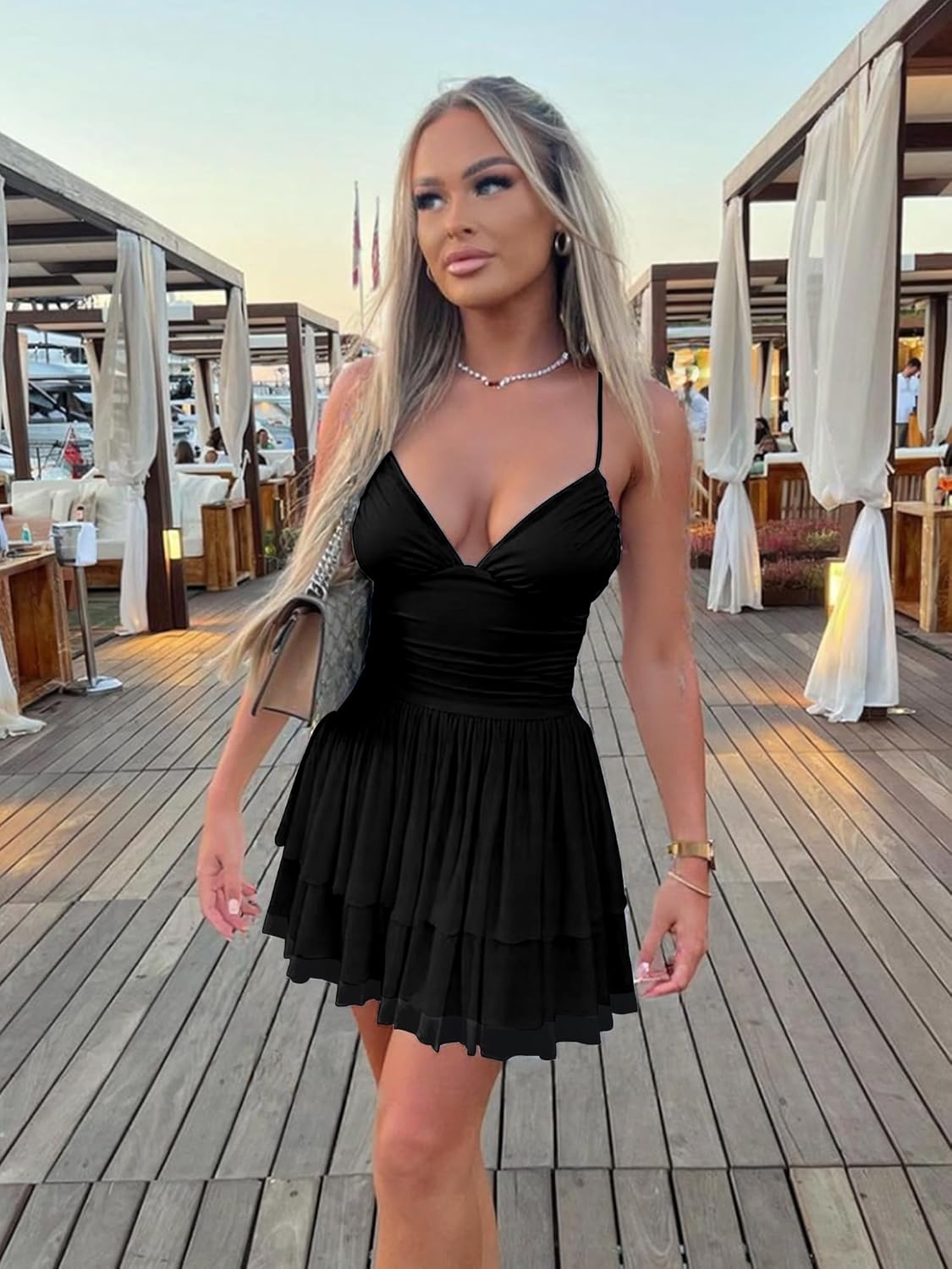 Mokoru Women's Sexy Sleeveless Spaghetti Strap Mini Dress Ruched Ruffle Hem V Neck Short Party Dresses - Image 3