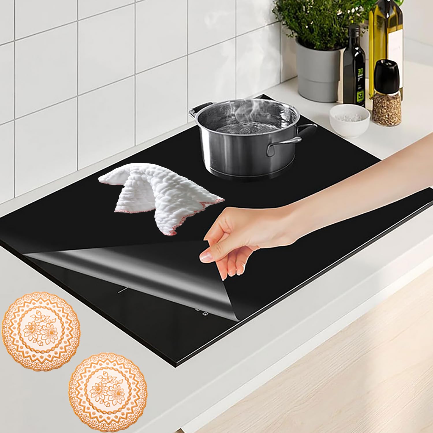 Alfombrilla protectora de inducción con 1 toalla y 2 posavasos, protector de placa de inducción de 60 x 52 cm, resistente al calor, cubierta de silicona antideslizante para cocina