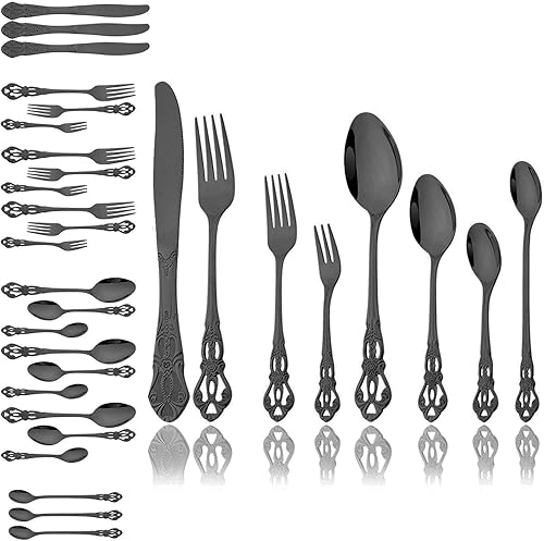 JASHII 304 Royal Palace - Juego de cubiertos vintage de acero inoxidable para 4, 32 piezas, mango hueco en relieve, juego de tenedores y cuchillos