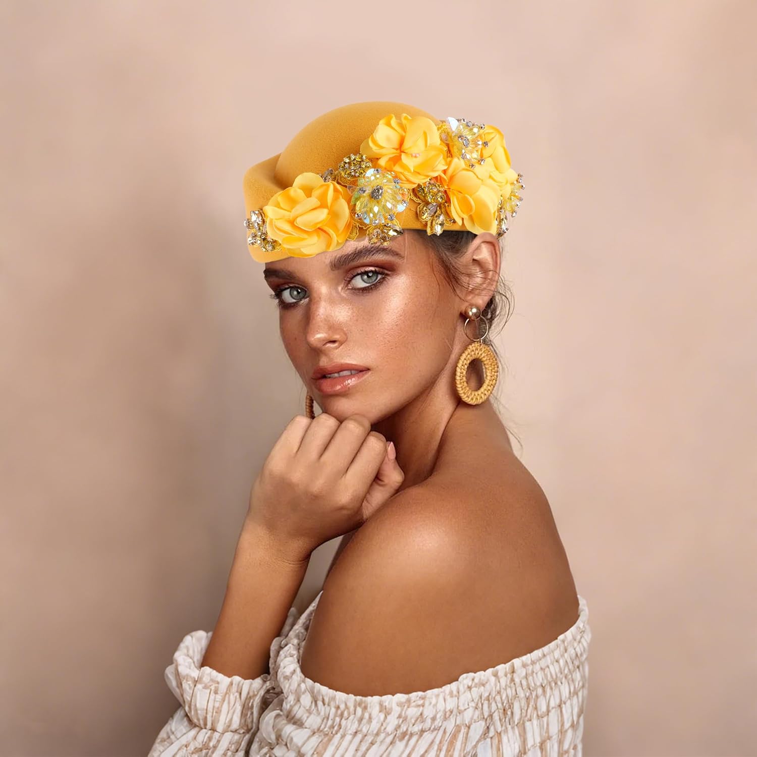 Church Hats for Women Headdress with Floral Women's Soft Beret for Women,Felt hat,Bridal for Wedding hat