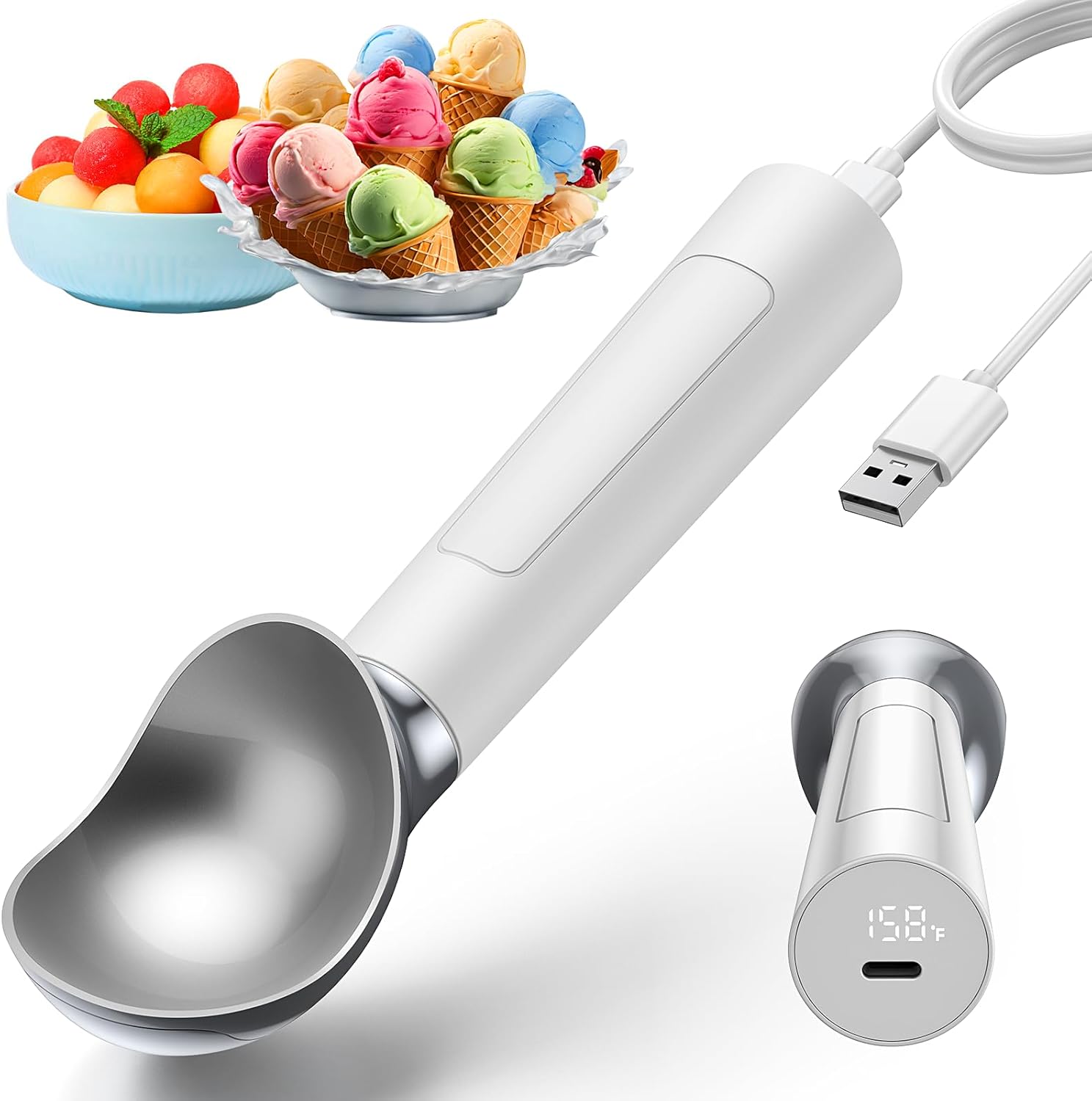 Heated Ice Cream Scoop Rechargeable Electric, 158°F Auto-Thermal Warming Scoop for Hard Ice Cream, Cordless LED Display, One-Button Operation, IP67 Waterproof Easy Clean (1, White)