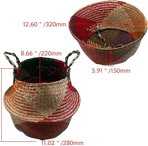 Miniatura 5 de ABAO UNCLE Cesta de vientre natural de hierba marina con asas, bolsa plegable para almacenamiento, lavandería, picnic, cubierta de maceta, bolsa